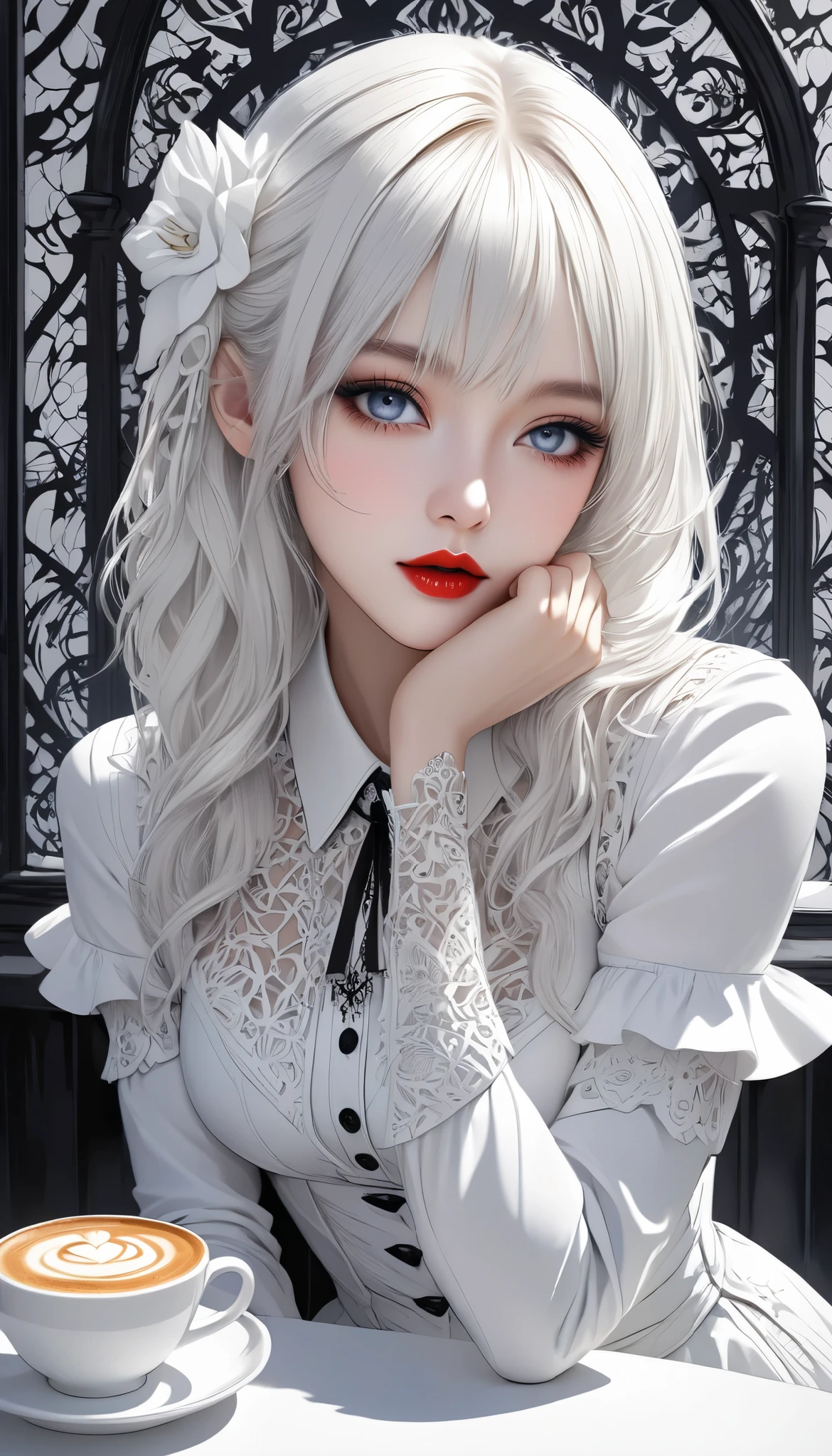 white gothic woman , White clothes, highly detailed gothic flavor, white pop art background , white fantasy , look at you, Pure white cafe terrace,