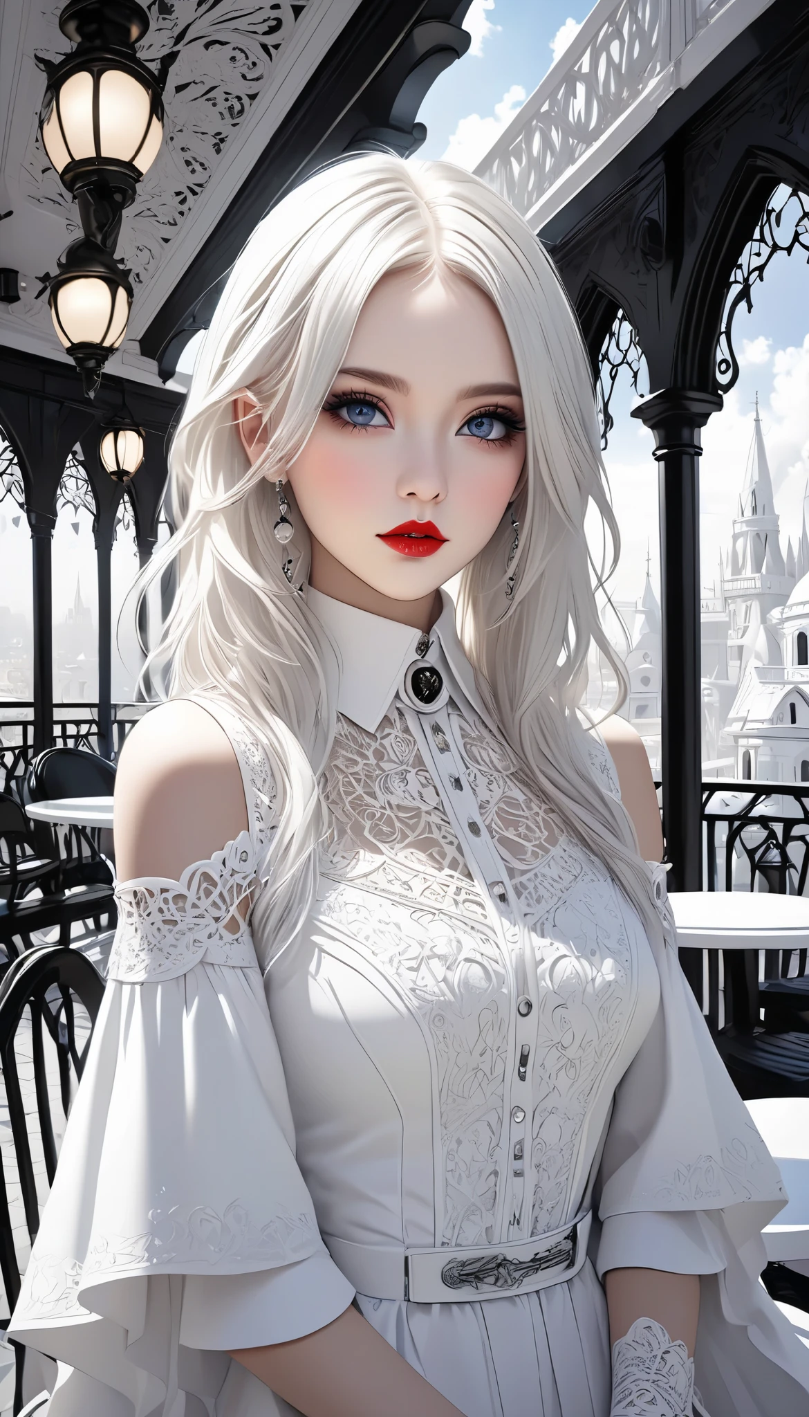 white gothic woman , White clothes, highly detailed gothic flavor, white pop art background , white fantasy , look at you, Pure white cafe terrace,