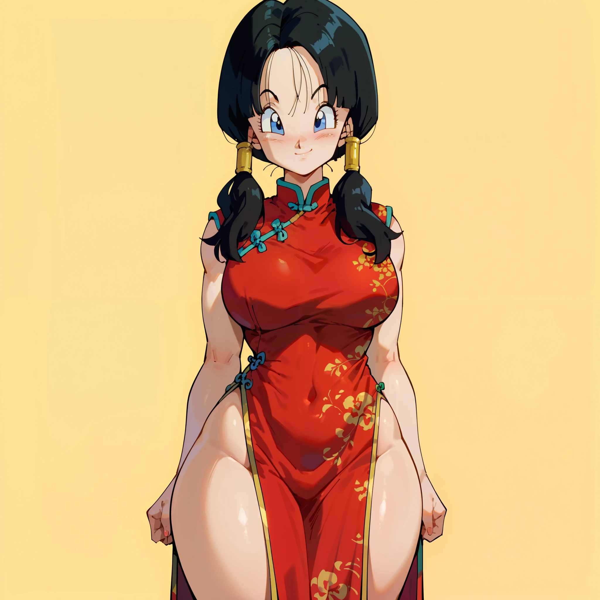 1girl, solo, videl, black hair, blue eyes, low twintails, hair tubes, big breasts, wide hips, thick thighs, red qipao dress, blushed, smile, standing, looking at viewer, simple background, from the front view