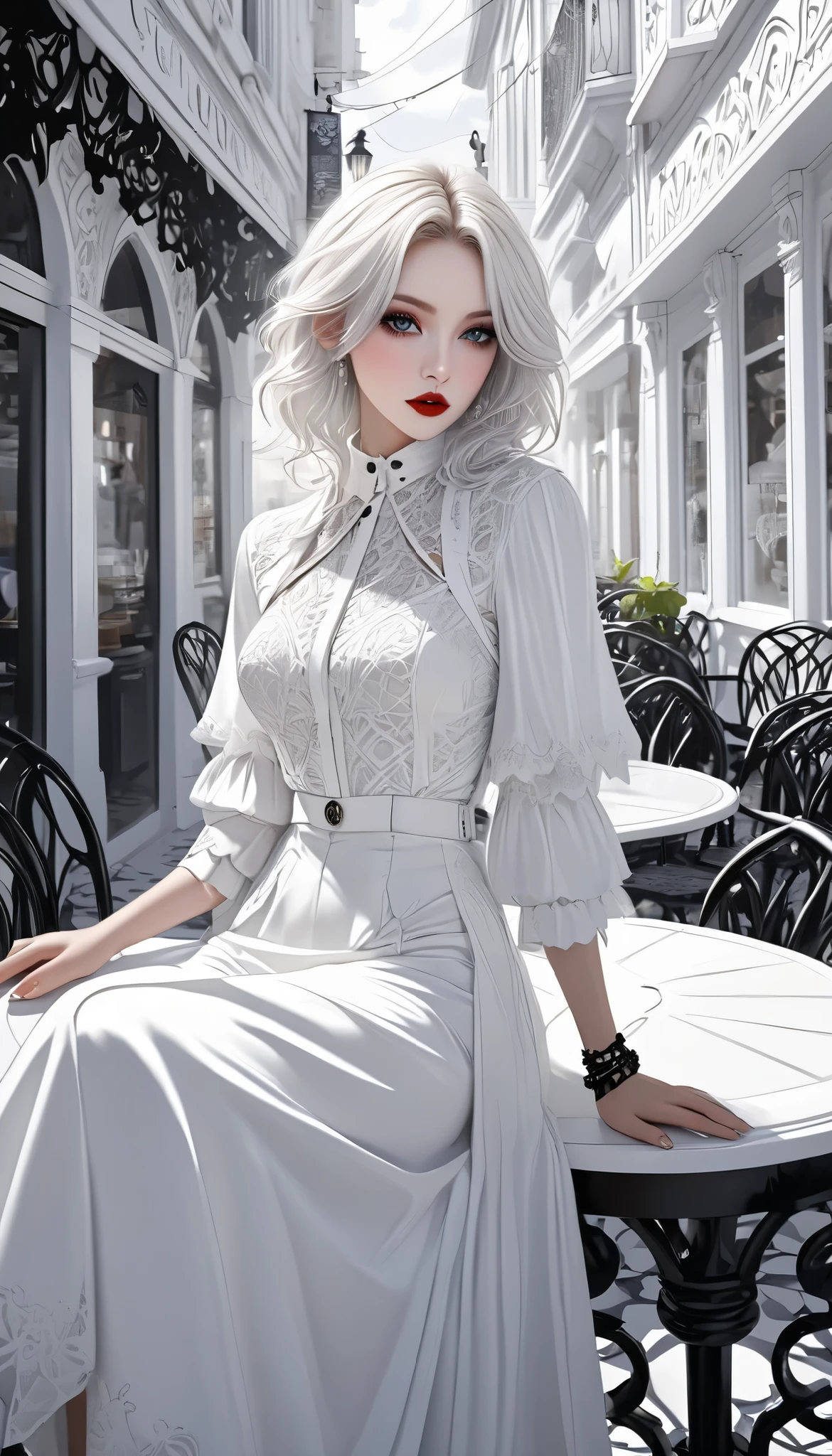white gothic woman , White clothes, highly detailed gothic flavor, white pop art background , white fantasy , look at you, Pure white cafe terrace,