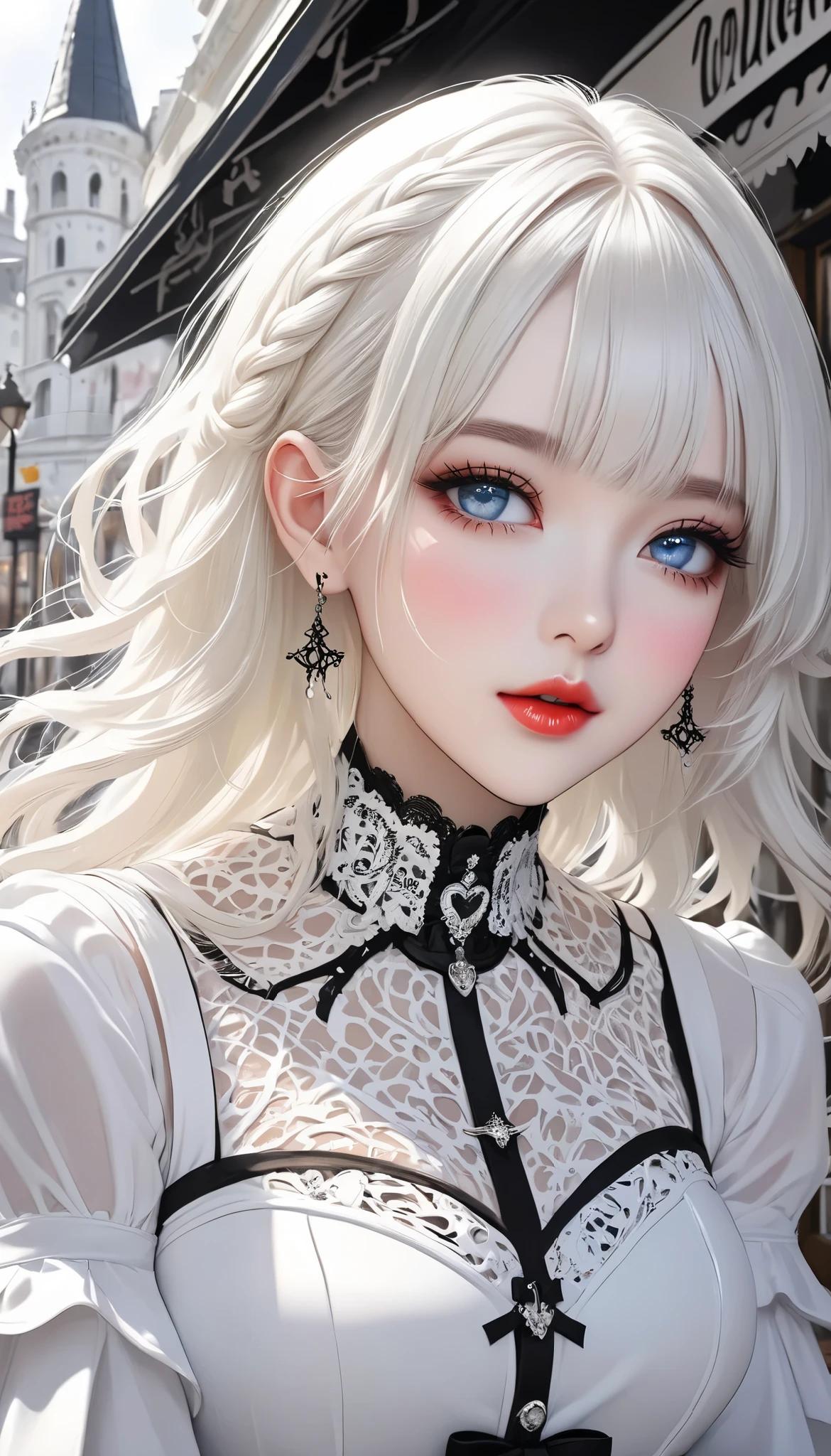 white gothic woman , White clothes, highly detailed gothic flavor, white pop art background , white fantasy , I offer you a grain of white chocolate, Pure white cafe terrace, \The chocolate on your fingertips is approaching , yes、Aah!💕\