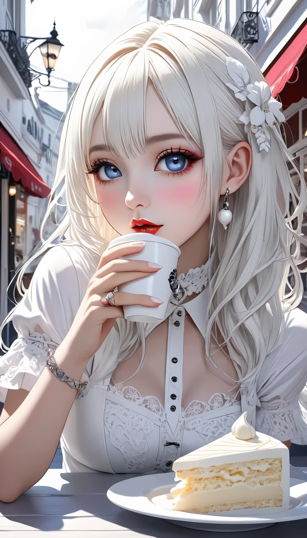 white gothic woman , White clothes, highly detailed gothic flavor, white pop art background , white fantasy , Feed you a grain of white chocolate, Pure white cafe terrace, \The chocolate on your fingertips is approaching , yes、Aah!💕\