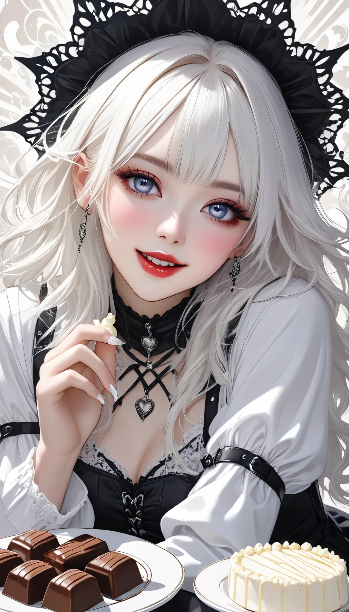white gothic woman , White clothes, highly detailed gothic flavor, white pop art background , white fantasy , Feed you a grain of white chocolate, Pure white cafe terrace, \The chocolate on your fingertips is approaching , yes、Aah!💕\