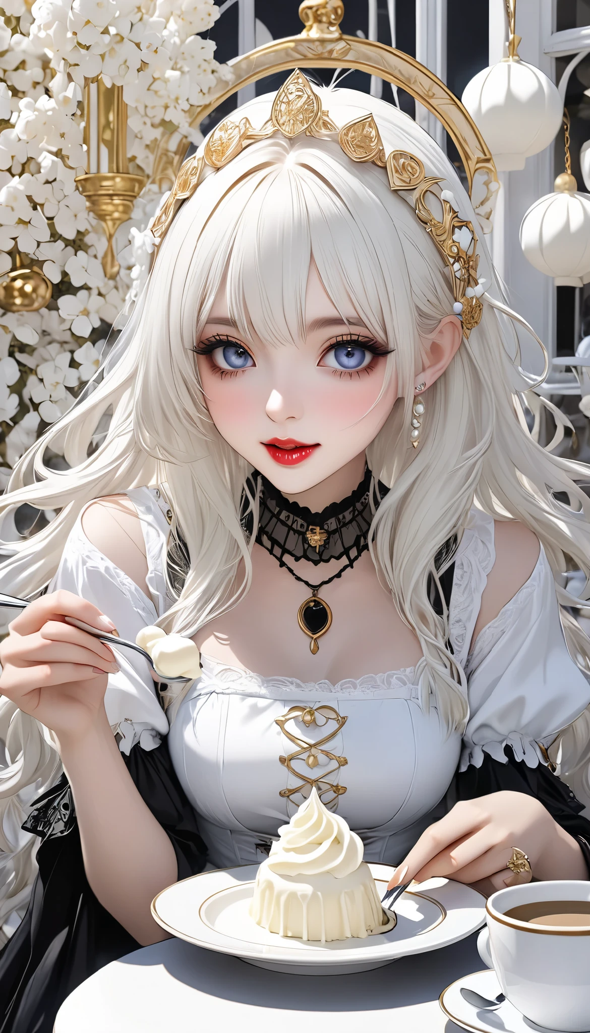 white gothic woman , White clothes, highly detailed gothic flavor, white pop art background , white fantasy , makes you eat a grain of white chocolate that comes close to you, Pure white cafe terrace, \ white chocolate grabbed by your fingertips , It's coming close to you, yes、aah!💕\