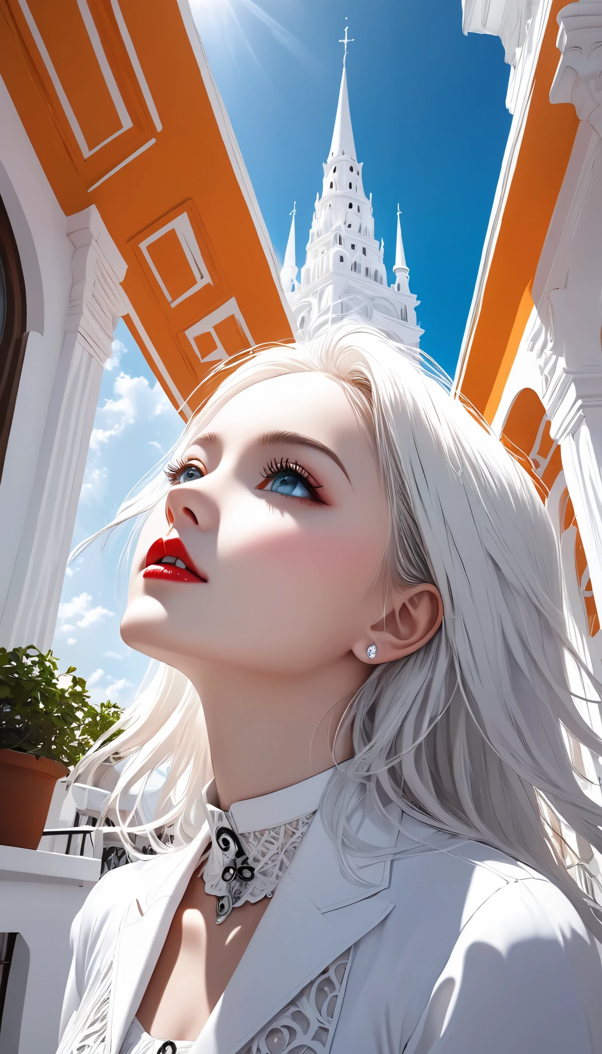 white gothic woman , White clothes, highly detailed gothic flavor, white pop art background , white fantasy , Looking Up at the Sky , Pure white cafe terrace, pure white sky, BREAK shot from below