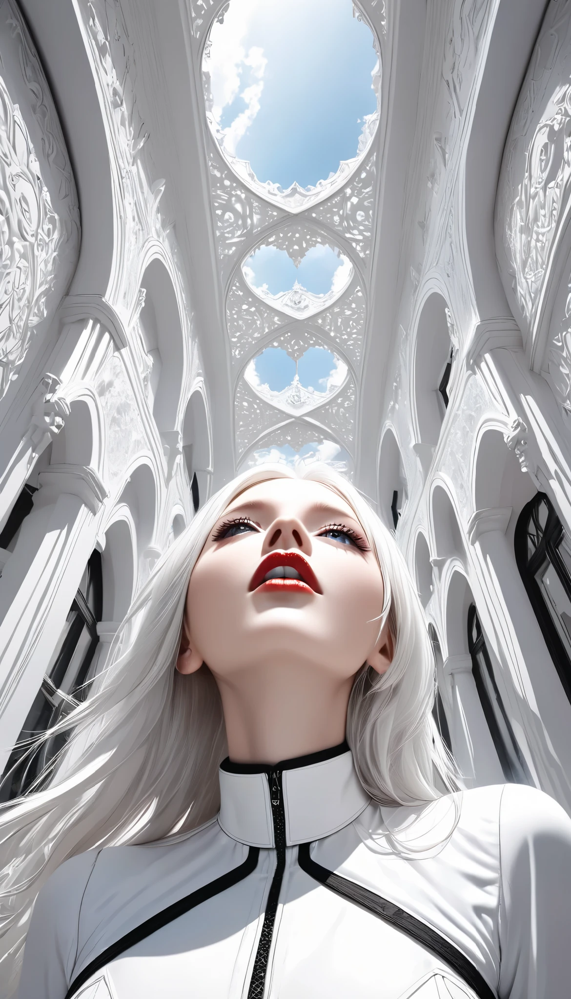 white gothic woman , White clothes, highly detailed gothic flavor, white pop art background , white fantasy , Looking Up at the Sky , Pure white cafe terrace, pure white sky, BREAK shot from below