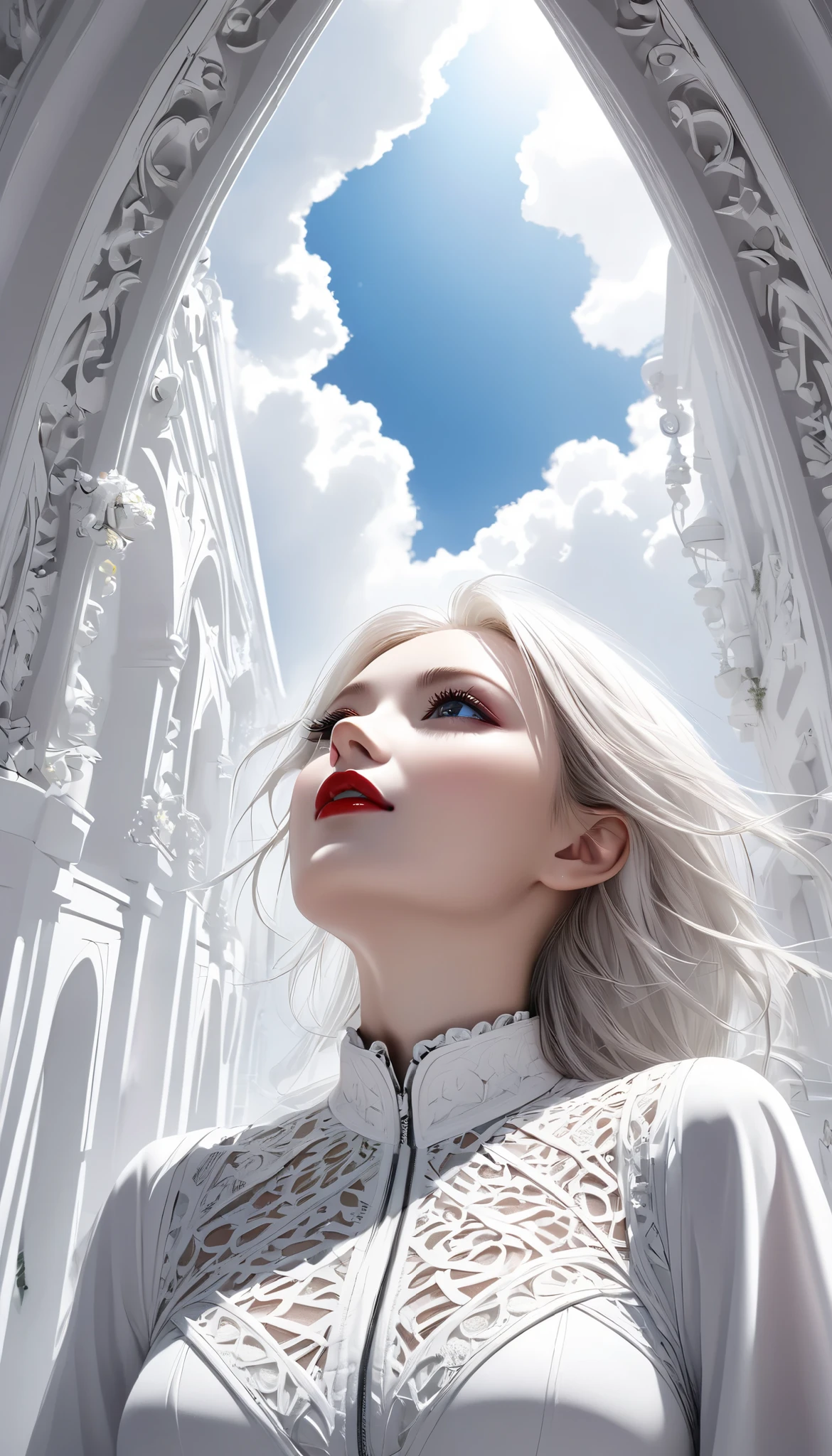 white gothic woman , White clothes, highly detailed gothic flavor, white pop art background , white fantasy , Looking Up at the Sky , Pure white cafe terrace, pure white sky, BREAK shot from below