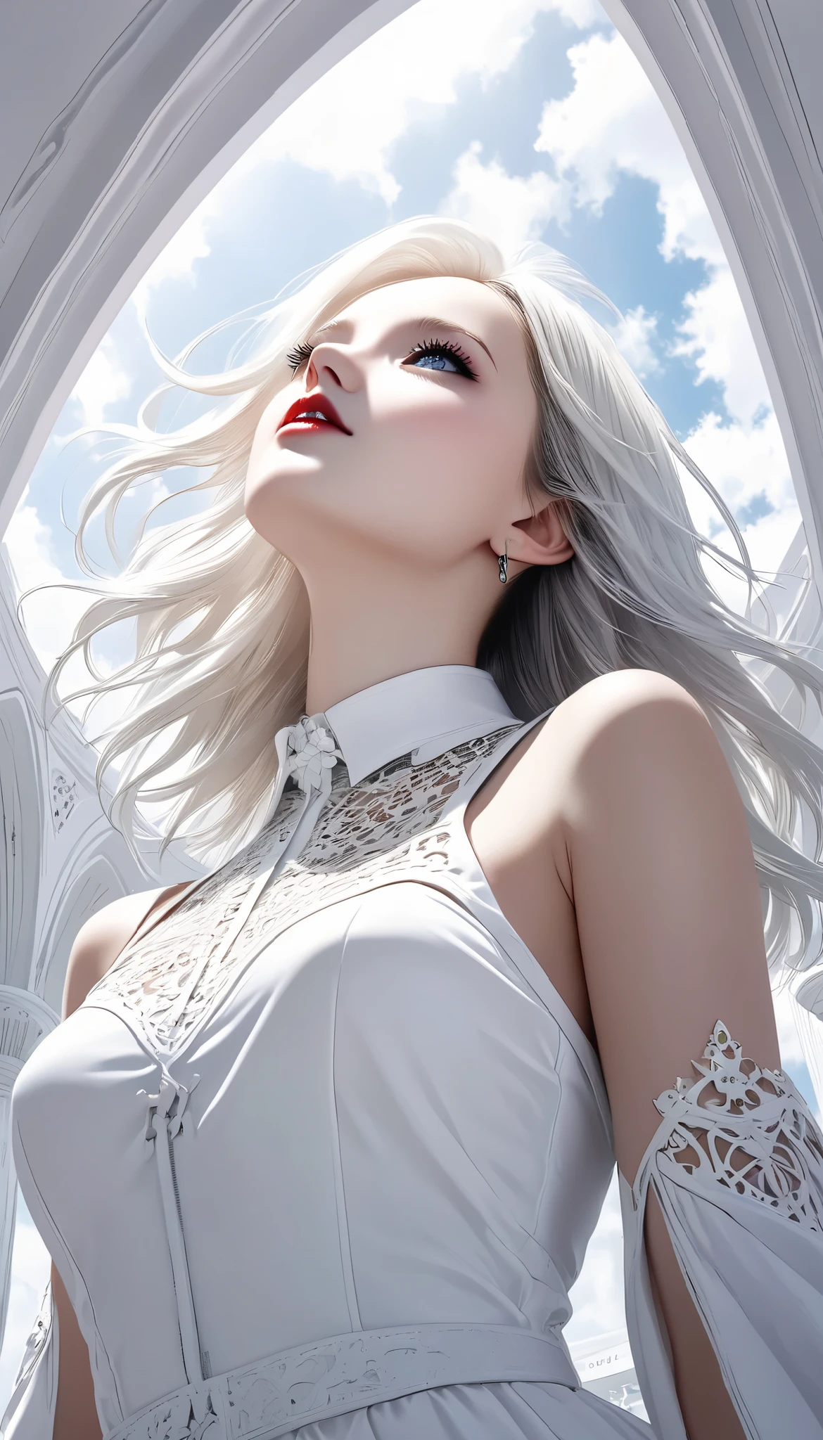 white gothic woman , White clothes, highly detailed gothic flavor, white pop art background , white fantasy , Looking Up at the Sky , Pure white cafe terrace, pure white sky, BREAK shot from below