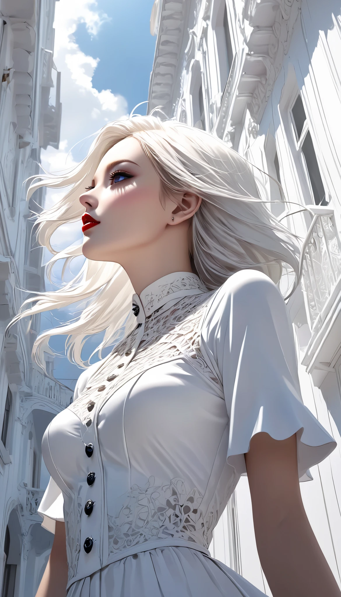 white gothic woman , White clothes, highly detailed gothic flavor, white pop art background , white fantasy , Walking next to me, Pure white cafe terrace, pure white sky, BREAK shot from below, \A very attractive profile\,