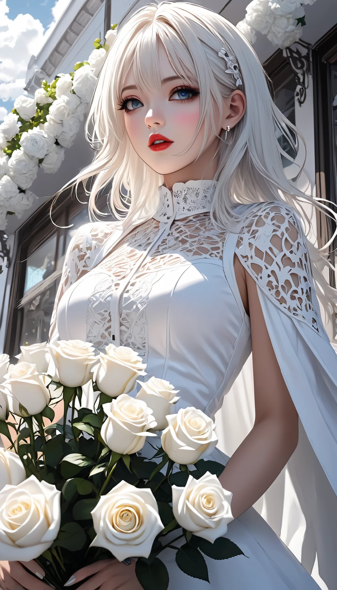 white gothic woman , White clothes, highly detailed gothic flavor, white pop art background , white fantasy , I'll give you a bouquet of pure white roses, Pure white cafe terrace, pure white sky, BREAK shot from below, \You'll be captivated \,