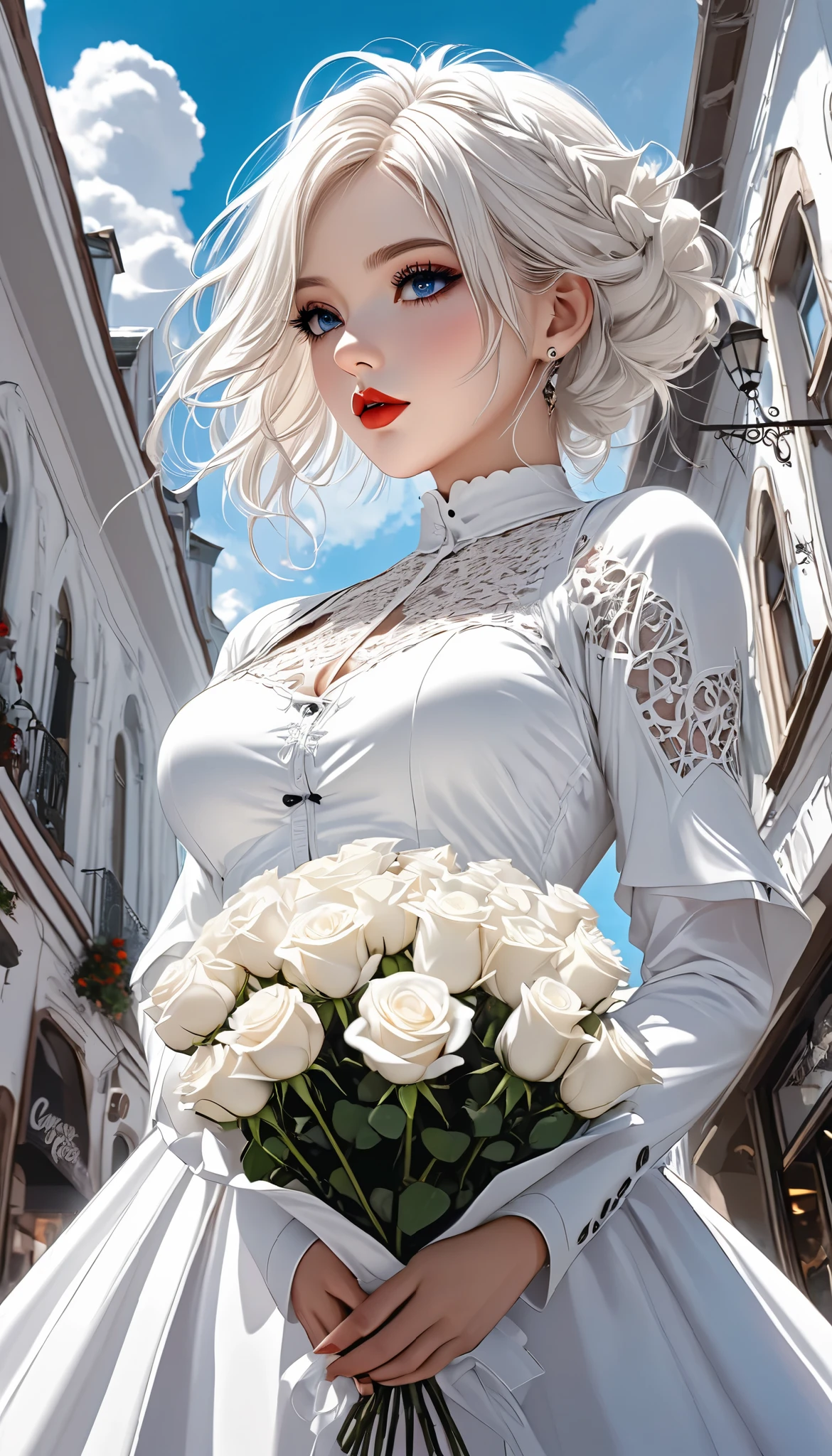 white gothic woman , White clothes, highly detailed gothic flavor, white pop art background , white fantasy , I'll give you a bouquet of pure white roses, Pure white cafe terrace, pure white sky, BREAK shot from below, \You'll be captivated \,