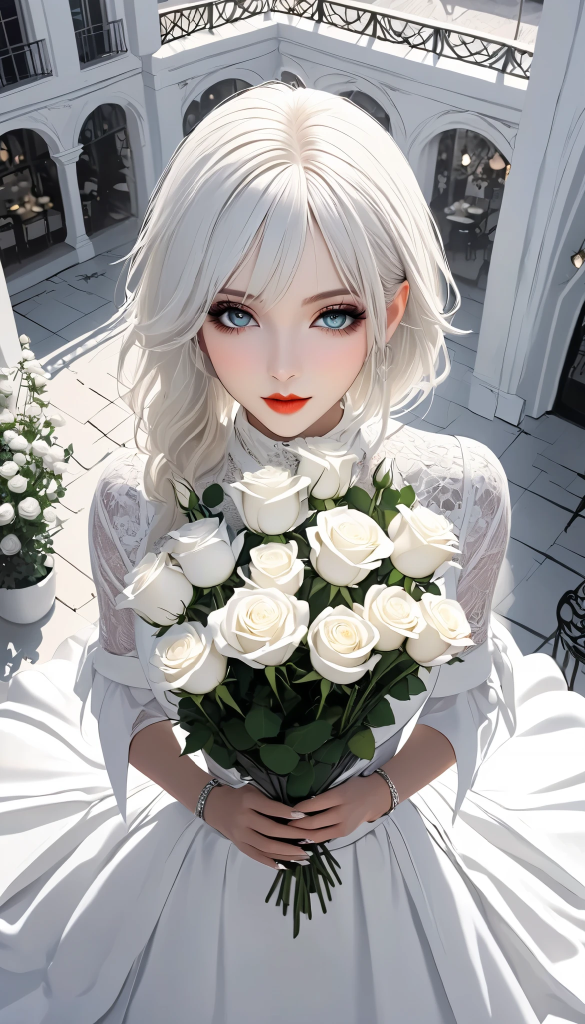 white gothic woman , White clothes, highly detailed gothic flavor, white pop art background , white fantasy , I hand you a bouquet of pure white roses, Pure white cafe terrace, pure white sky, BREAK shot from above, \You'll be captivated \,
