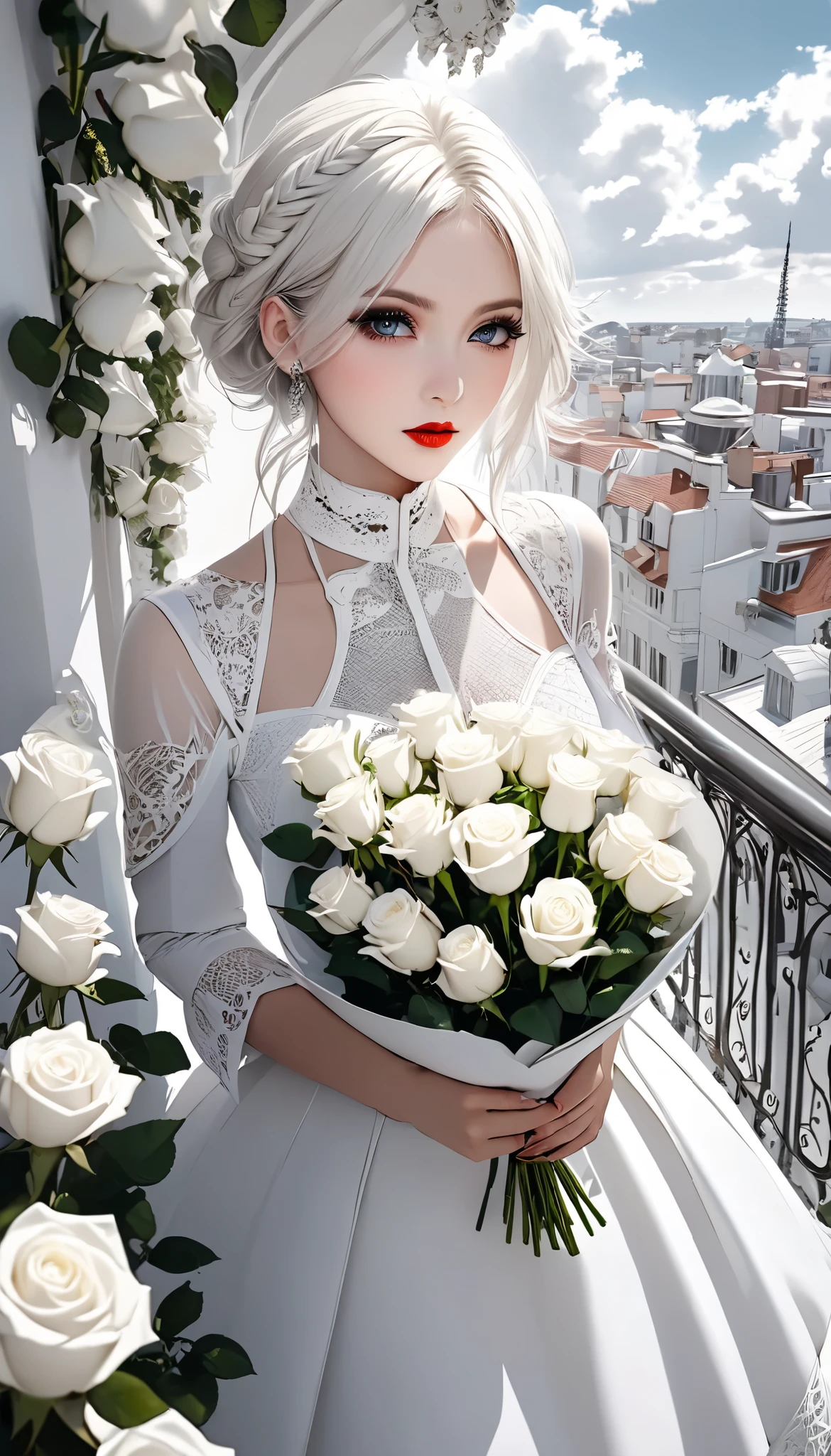 white gothic woman , White clothes, highly detailed gothic flavor, white pop art background , white fantasy , I hand you a bouquet of pure white roses, Pure white cafe terrace, pure white sky, BREAK shot from above, \You'll be captivated \,