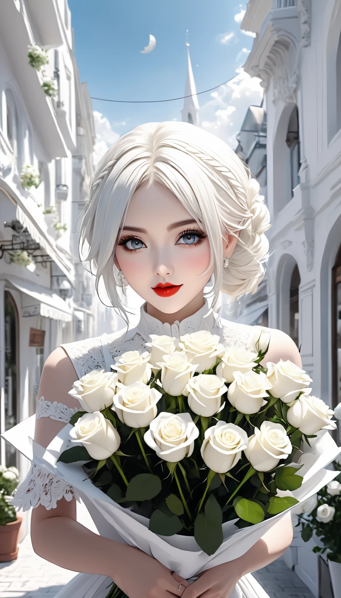  white gothic woman , White clothes,  highly detailed gothic flavor,  white pop art background , white fantasy , ( I hand you a bouquet of pure white roses), Pure white cafe terrace, pure white sky, BREAK eye level shot, \ THE BOUQUET OFFER TO YOU, THE BEST CONGRATULATION \,