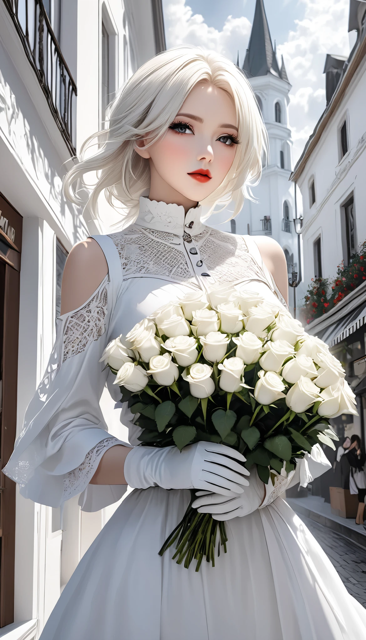 white gothic woman , White clothes, highly detailed gothic flavor, white pop art background , white fantasy , ( I hand you a bouquet of pure white roses), Pure white cafe terrace, pure white sky, BREAK eye level shot, \ THE BOUQUET OFFER TO YOU, THE BEST CONGRATULATION \,