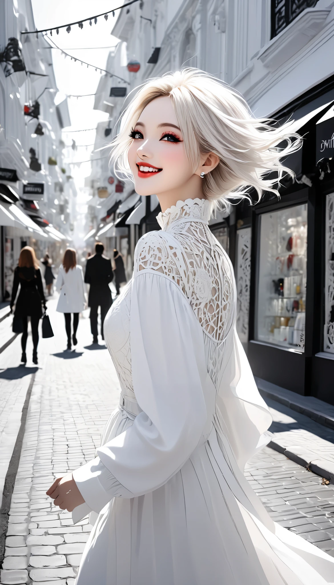 white gothic woman , White clothes, highly detailed gothic flavor, white pop art background , white fantasy , ( happy strolling ), pure white shopping street, pure white sky, BREAK eye level shot, \Nice profile, Very happy atmosphere \,