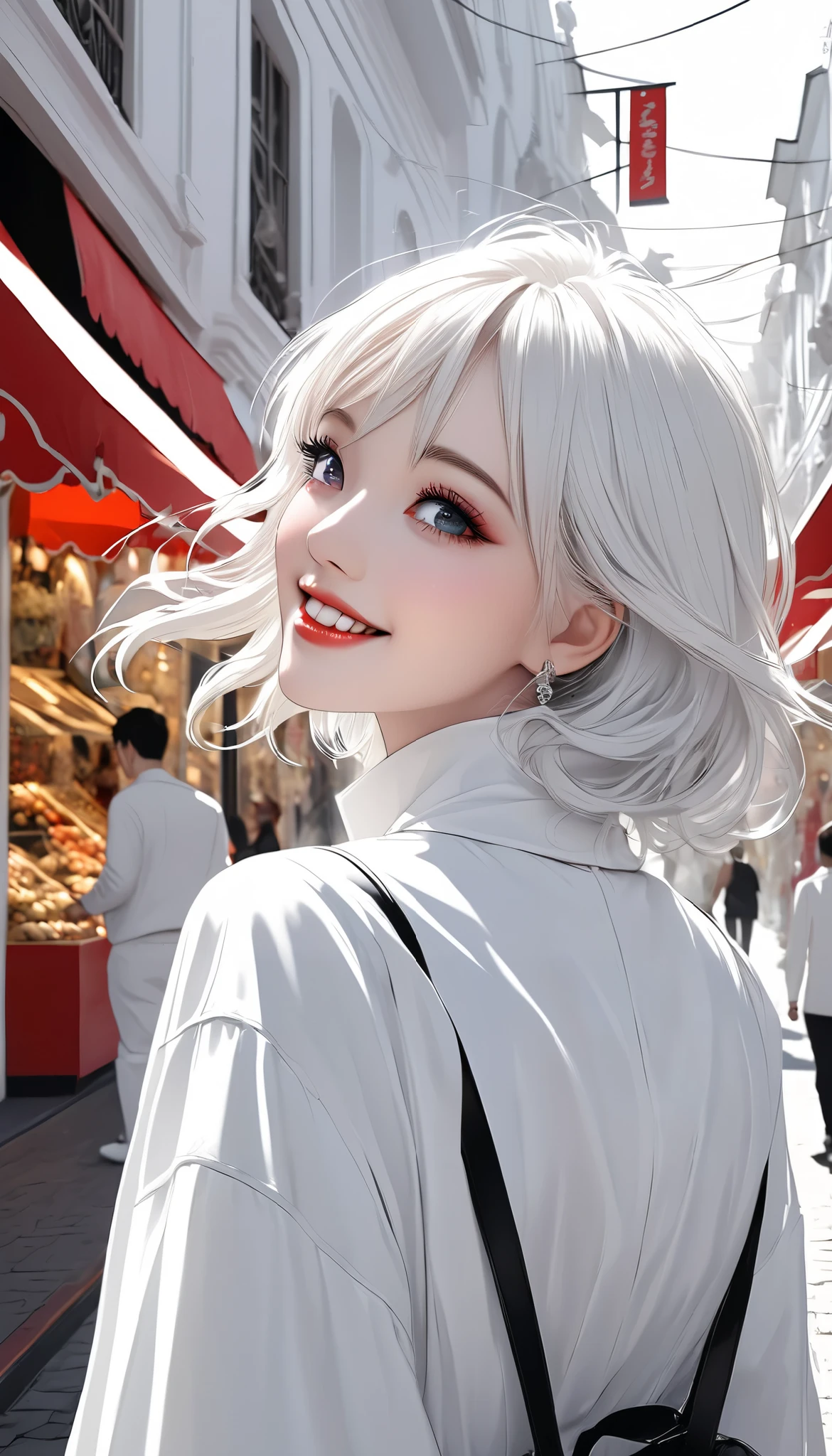 white gothic woman , White clothes, highly detailed gothic flavor, white pop art background , white fantasy , ( happy strolling ), pure white shopping street, pure white sky, BREAK eye level shot, \Nice profile, Very happy atmosphere \,