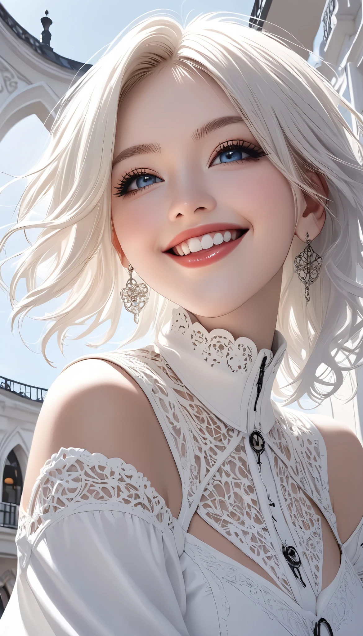 white gothic woman , White clothes, highly detailed gothic flavor, white pop art background , white fantasy , I smile at you, best smile, Pure white cafe terrace, pure white sky, BREAK shot from below