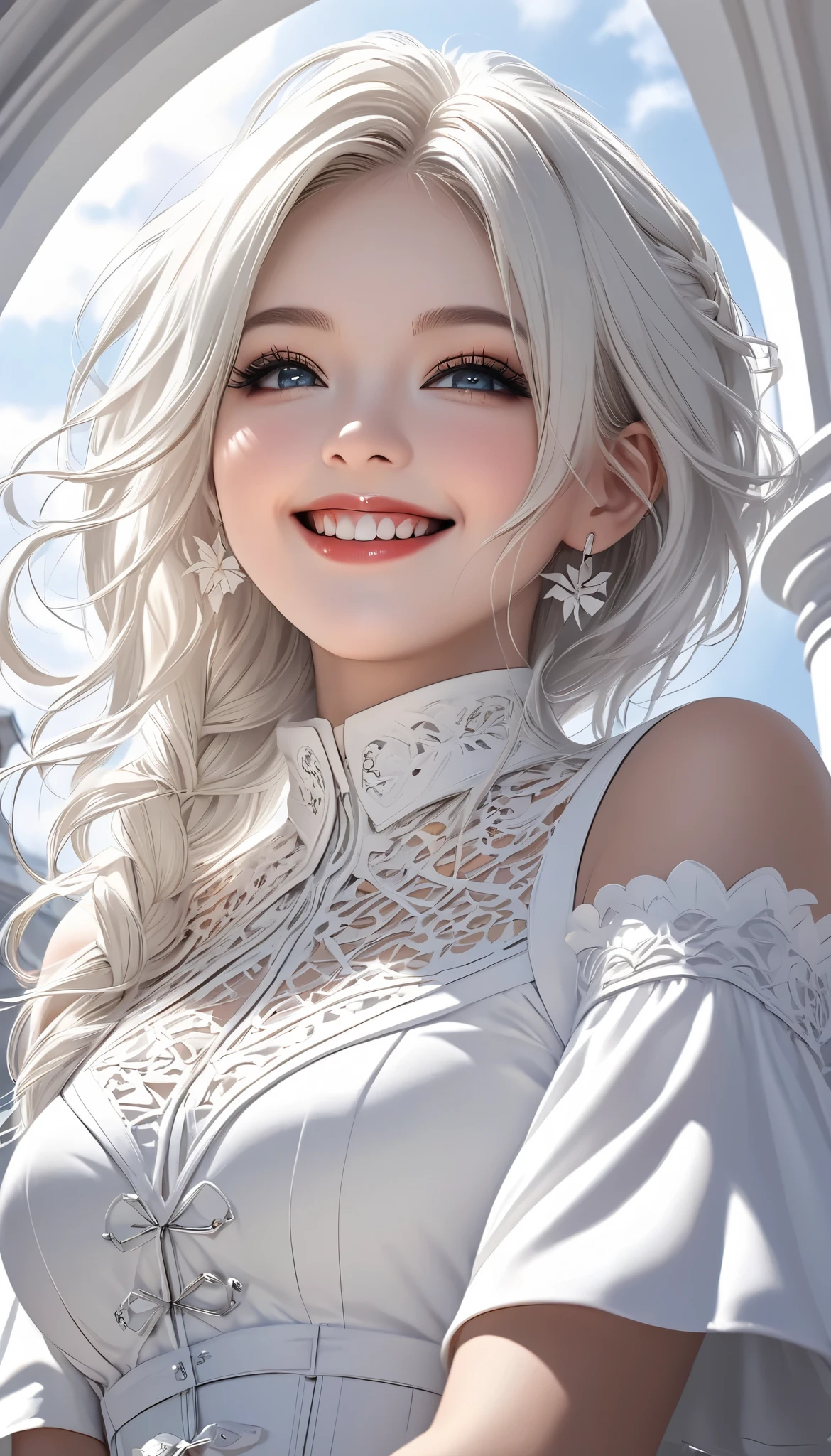  white gothic woman , White clothes,  highly detailed gothic flavor,  white pop art background , white fantasy , I smile at you,  best smile, Pure white cafe terrace, pure white sky, BREAK shot from below
