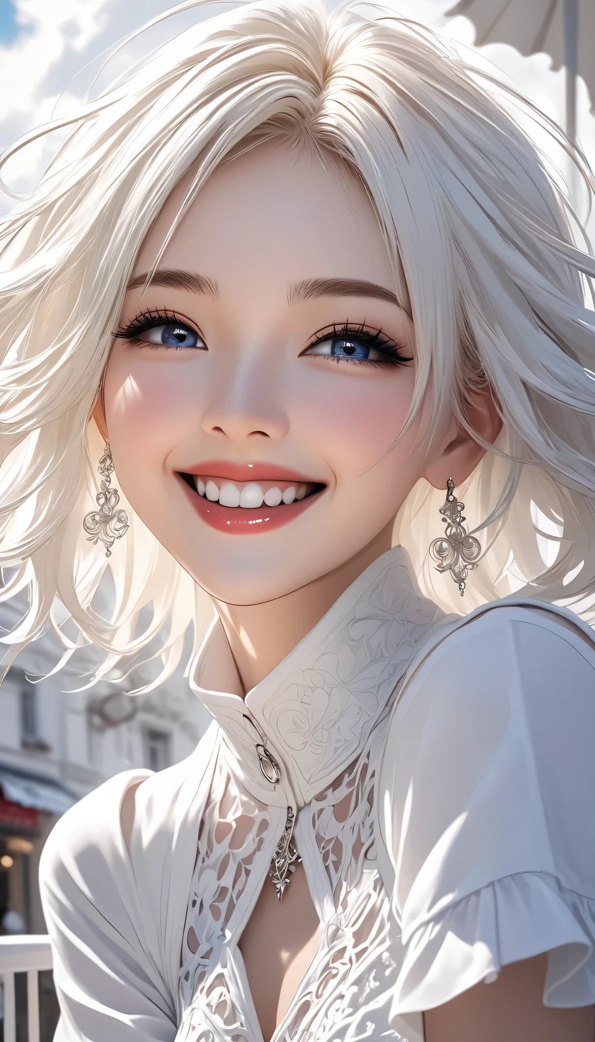  white gothic woman , White clothes,  highly detailed gothic flavor,  white pop art background , white fantasy , I smile at you,  best smile, Pure white cafe terrace, pure white sky, BREAK shot from below, \A beautiful expression that makes you feel very happy\,