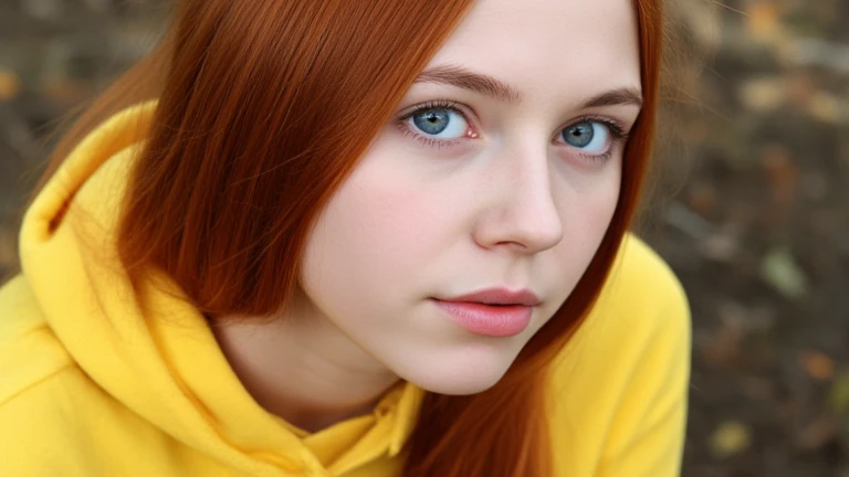 18 year old girl with straight red haired and big blue eyes, long hair, 1girl, pure white skin, clean skin, clean face, , realistic face, real face, neutral looking, no smile, she wearing yellow hooded, hood up, realistic face details, masterpiece, high angle from above, side profile, Portrait, Three Quarter Photo, instagram, 35mm f/1.2 lens, close up,
