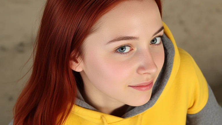 18 year old girl with straight red haired and big blue eyes, long hair, 1girl, pure white skin, clean skin, clean face, , realistic face, real face, neutral looking, no smile, she wearing yellow hooded, hood up, realistic face details, masterpiece, high angle from above, side profile, Portrait, Three Quarter Photo, instagram, 35mm f/1.2 lens, close up,