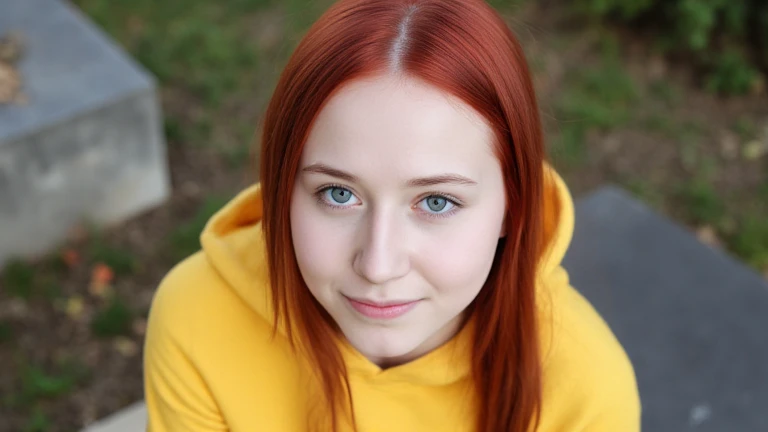 18 year old girl with straight red haired and big blue eyes, long hair, 1girl, pure white skin, clean skin, clean face, , realistic face, real face, neutral looking, no smile, she wearing yellow hooded, hood up, realistic face details, masterpiece, high angle from above, side profile, Portrait, Three Quarter Photo, instagram, 35mm f/1.2 lens, close up,