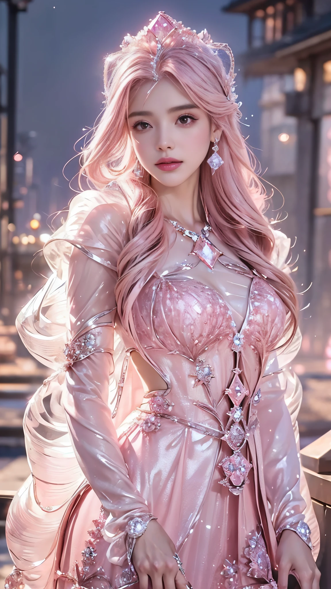 Realistic fair skinned woman in a pink gold and rose gold themed princess knight outfit
