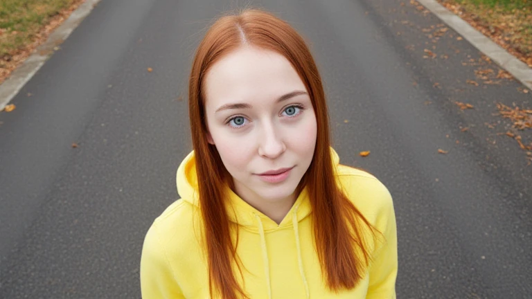 18 year old girl with straight red haired and big blue eyes, long hair, 1girl, pure white skin, clean skin, clean face, , realistic face, real face, neutral looking, no smile, she wearing yellow hoodie, masterpiece, selfie photo, high angle from above, on the road outdoors, fall, instagram, ultra wide lens, ultra wide angle.
