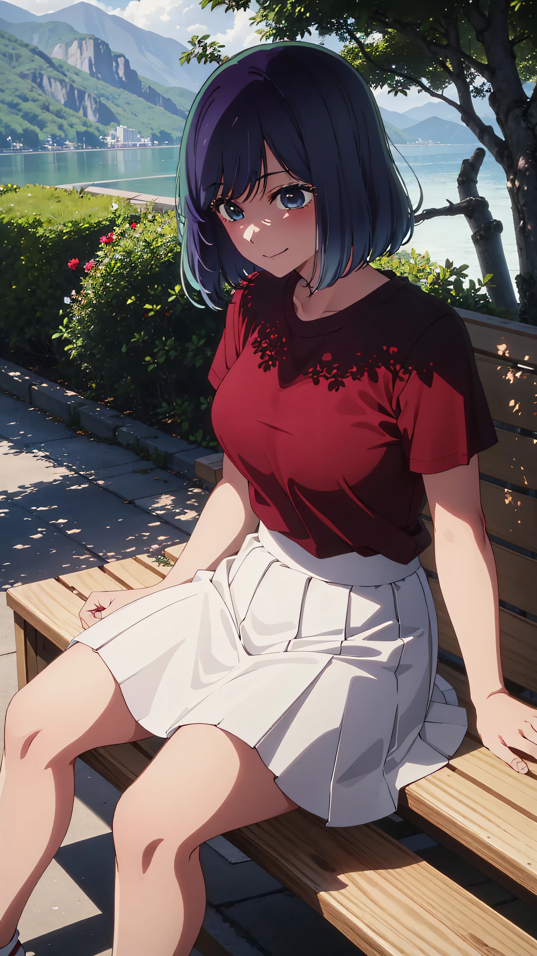 masterpiece, envelopes, beautiful, Akane Kurokawa, smiling, redness on the cheeks, perfect body , Detailed and beautiful face , perfect face , May focus on her , Clothes: red t-shirt and white skirt, sitting on a bench , background of a bench near the lake, atmospheric lighting