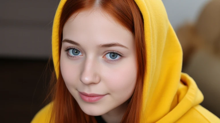 18 year old girl with straight red haired and big blue eyes, long hair, 1girl, three-quarter profile portrait, camera eye level, pure white skin, clean skin, clean face, , realistic face, real face, neutral looking, no smile, she wearing yellow hooded, hood up, she hood up, masterpiece, realistic, close face shot, cinematic, face details.