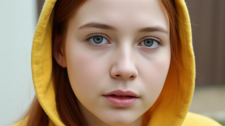 18 year old girl with straight red haired and big blue eyes, long hair, 1girl, three-quarter profile portrait, camera eye level, pure white skin, clean skin, clean face, , realistic face, real face, neutral looking, no smile, she wearing yellow hooded, hood up, she hood up, masterpiece, realistic, close face shot, cinematic, face details.