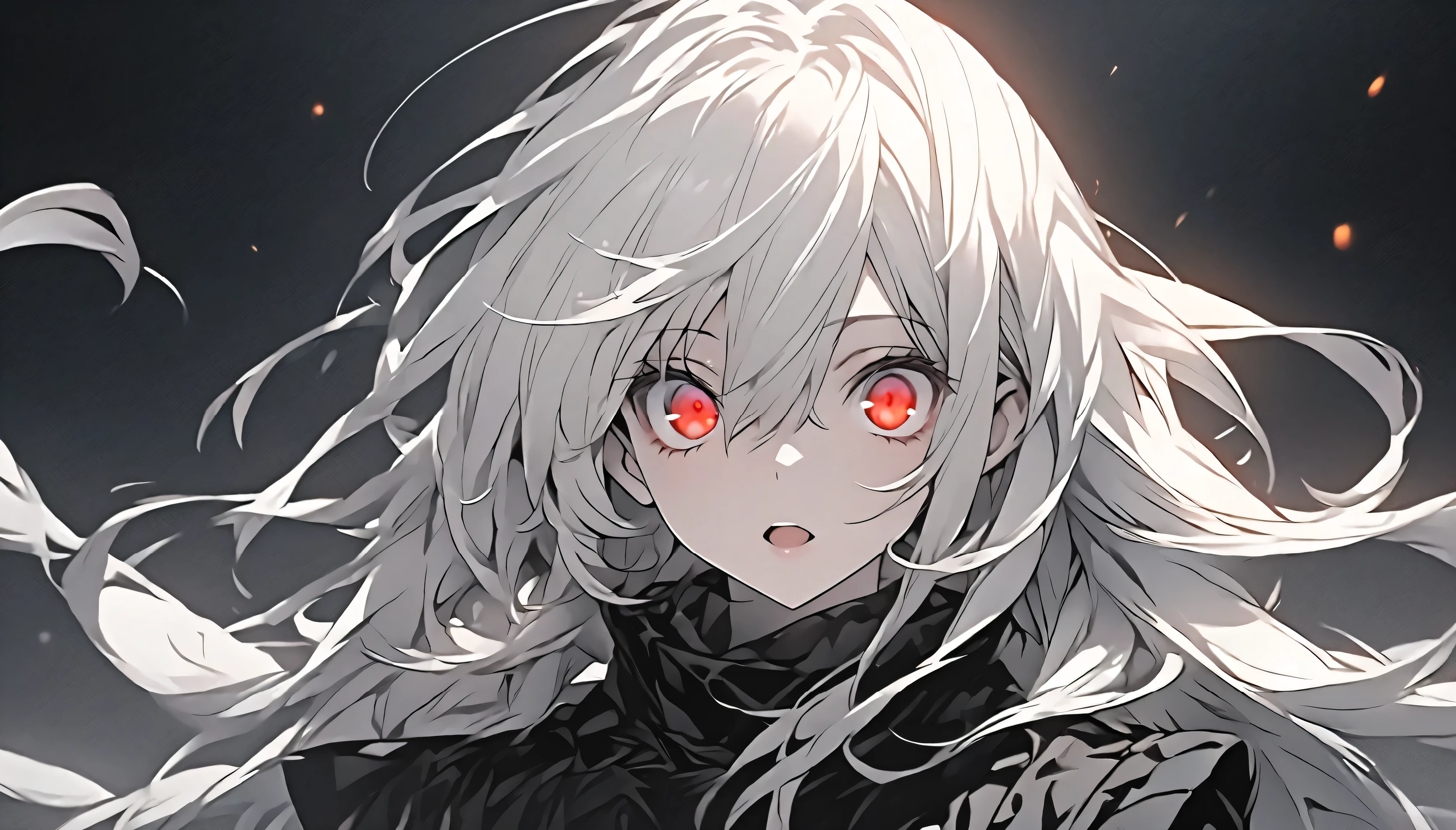 1girl, white hair, wild hair, red eyes, (white eyelashes:1.2), emotionless, red glow halo, (chromatic aberration:1.2), solo, digital dissolve, black bodysuit, 20 years old, mature, arrogant expression, black background, look at viewer