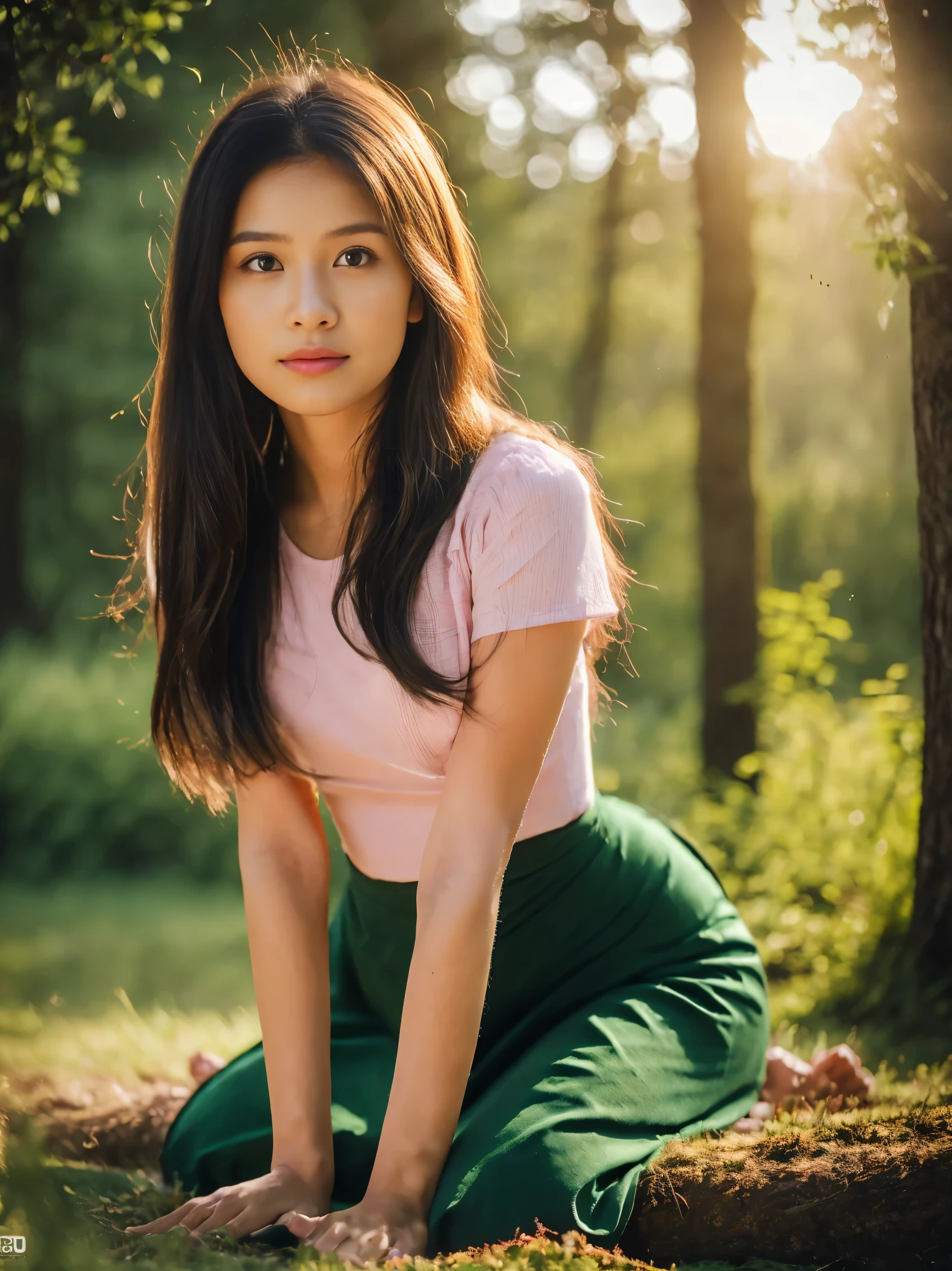 ((Best Quality, 8k, Masterpiece:1.3))), Crisp Focus: 1.2, (Beautiful Woman with Perfect Figure: 1.4) , wearing ninja mask, Burmese girl,all fours down, ,Myanmar Teacher And Student Outfit,wearing acmm pink colour long skirt, beside view,In the forest background ,film effect 、best position,best composition, perspective view, ultra wide view,(best quality,4K,8K,highres,masterpiece:1.2),ultra-detailed,(realistic,photorealistic,photo-realistic:1.37),HDR,studio lighting,sharp focus,