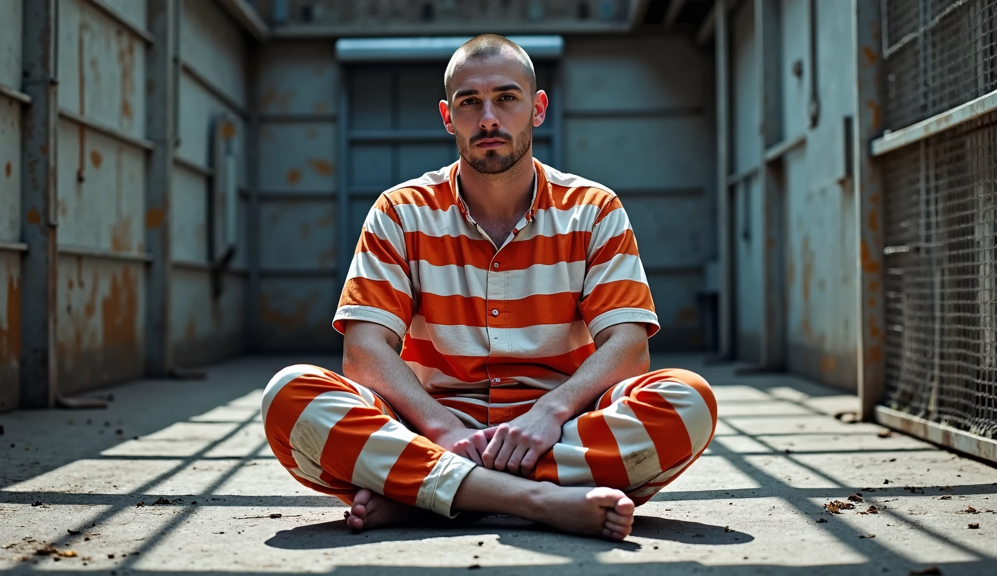 Best quality， tmasterpiece， A high resolution，A bald abdominated prisoner handsome man sits barefoot in a shackled chained torture device sitting in a prison cell
