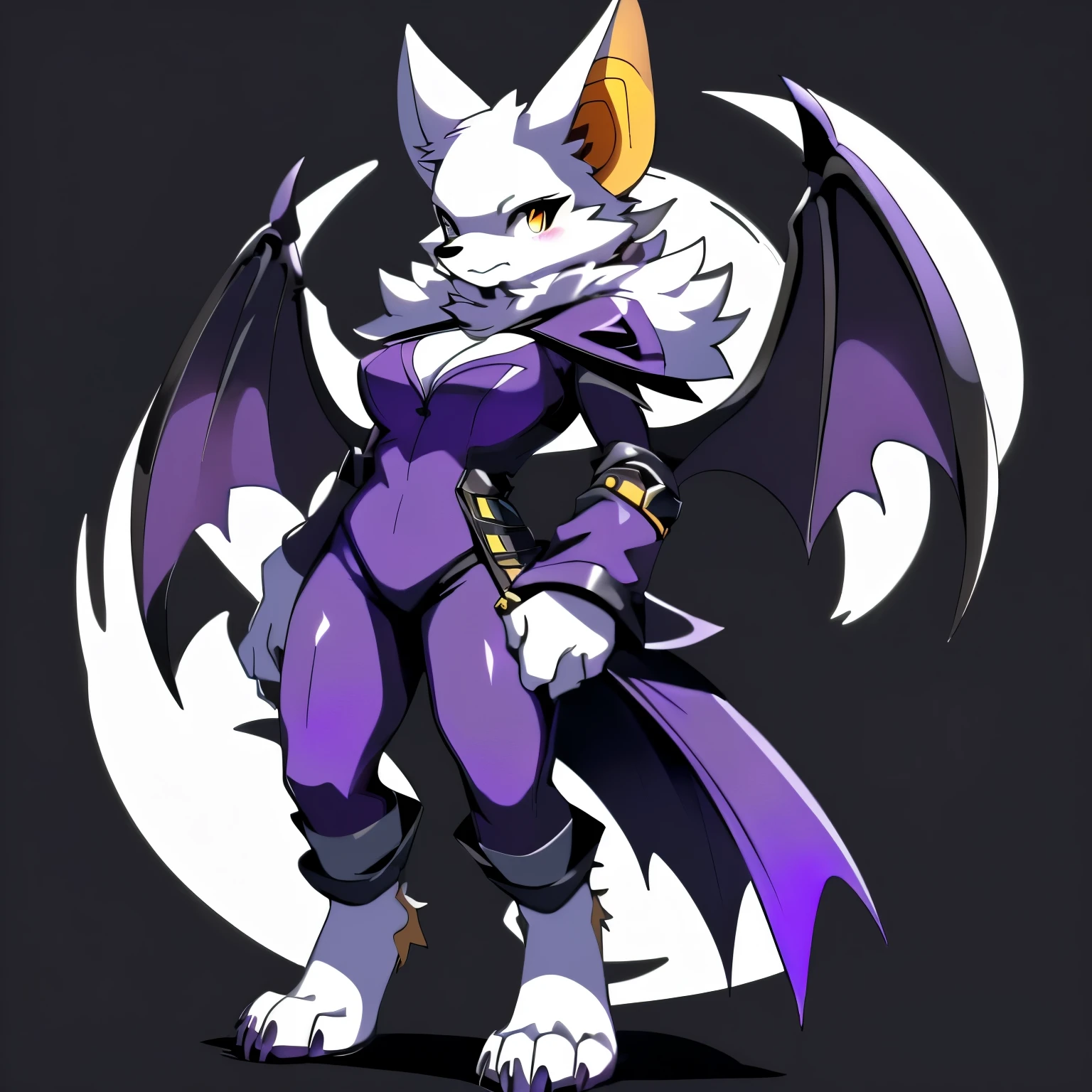 Anime, anime style, ((single person:2)), ((solo drawing:2)), ((solo:2)), ((three-quarter view)), ((Looking to the side)), ((sfw version)), ((female Anthro bat)), ((Tall figure)), ((buxom figure)), ((short white fur)), clawed hands, ((clawed paws)), ((Single Pair of Wings)), ((Huge Bat Wings)), ((Purple and black Bat Wings:1.3)), ((white bat ears)), ((wearing a black and purple outfit)), ((white face)), ((neutral expression)), vivid golden eyes, ((digitigrade legs)), ((digitigrade feet)), ((solid black background)), highly detailed anime style, clean lines, white face, short white muzzle, white furry cheeks, white furry muzzle, ((white foot paws)), ((foot paws with four toes)), ((Claws on paws))