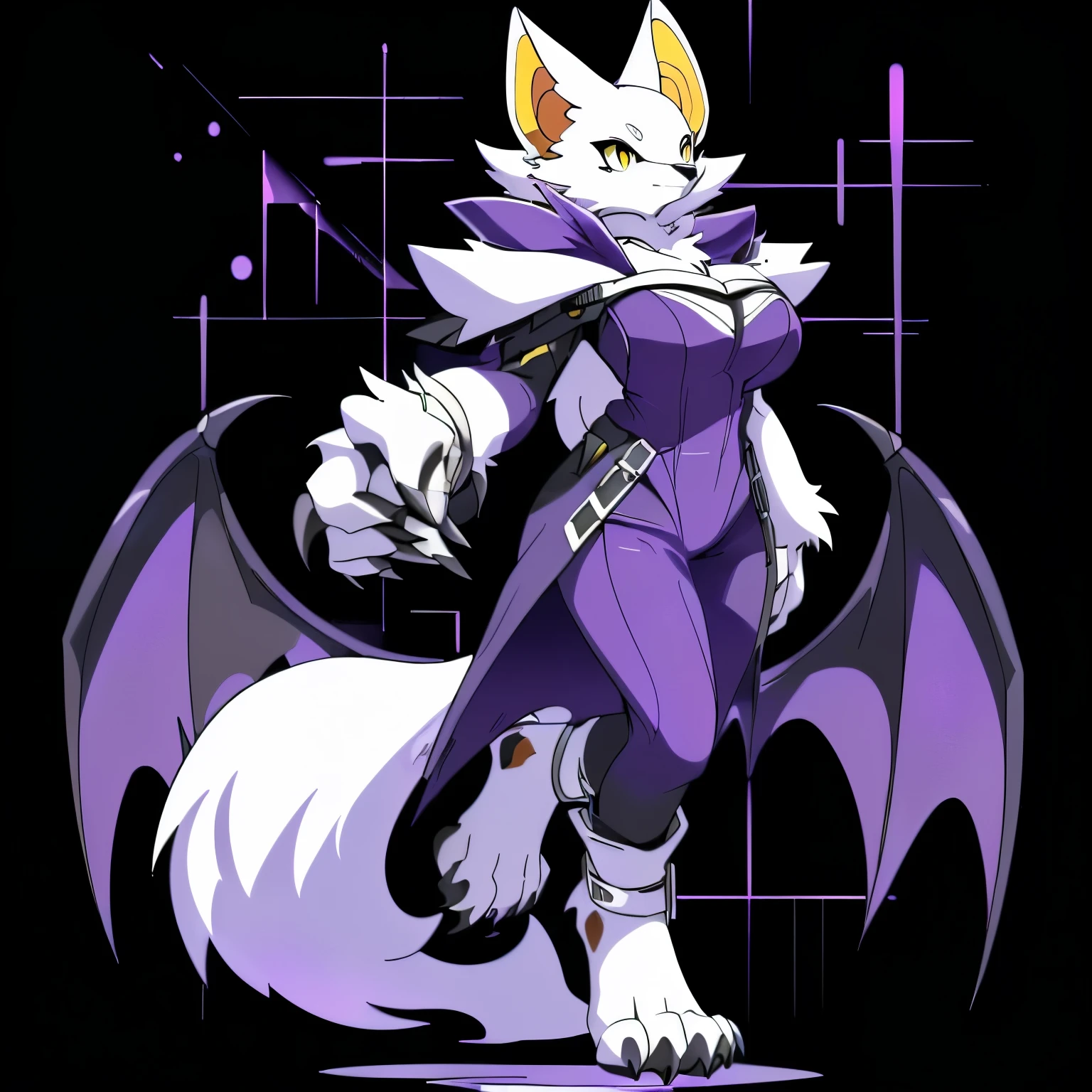 Anime, anime style, ((single person:2)), ((solo drawing:2)), ((solo:2)), ((three-quarter view)), ((Looking to the side)), ((sfw version)), ((female Anthro bat)), ((Tall figure)), ((buxom figure)), ((short white fur)), clawed hands, ((clawed paws)), ((Single Pair of Wings)), ((Huge Bat Wings)), ((Purple and black Bat Wings:1.3)), ((white bat ears)), ((wearing a black and purple outfit)), ((white face)), ((neutral expression)), vivid golden eyes, ((digitigrade legs)), ((digitigrade feet)), ((solid black background)), highly detailed anime style, clean lines, white face, short white muzzle, white furry cheeks, white furry muzzle, ((white foot paws)), ((foot paws with four toes)), ((Claws on paws))