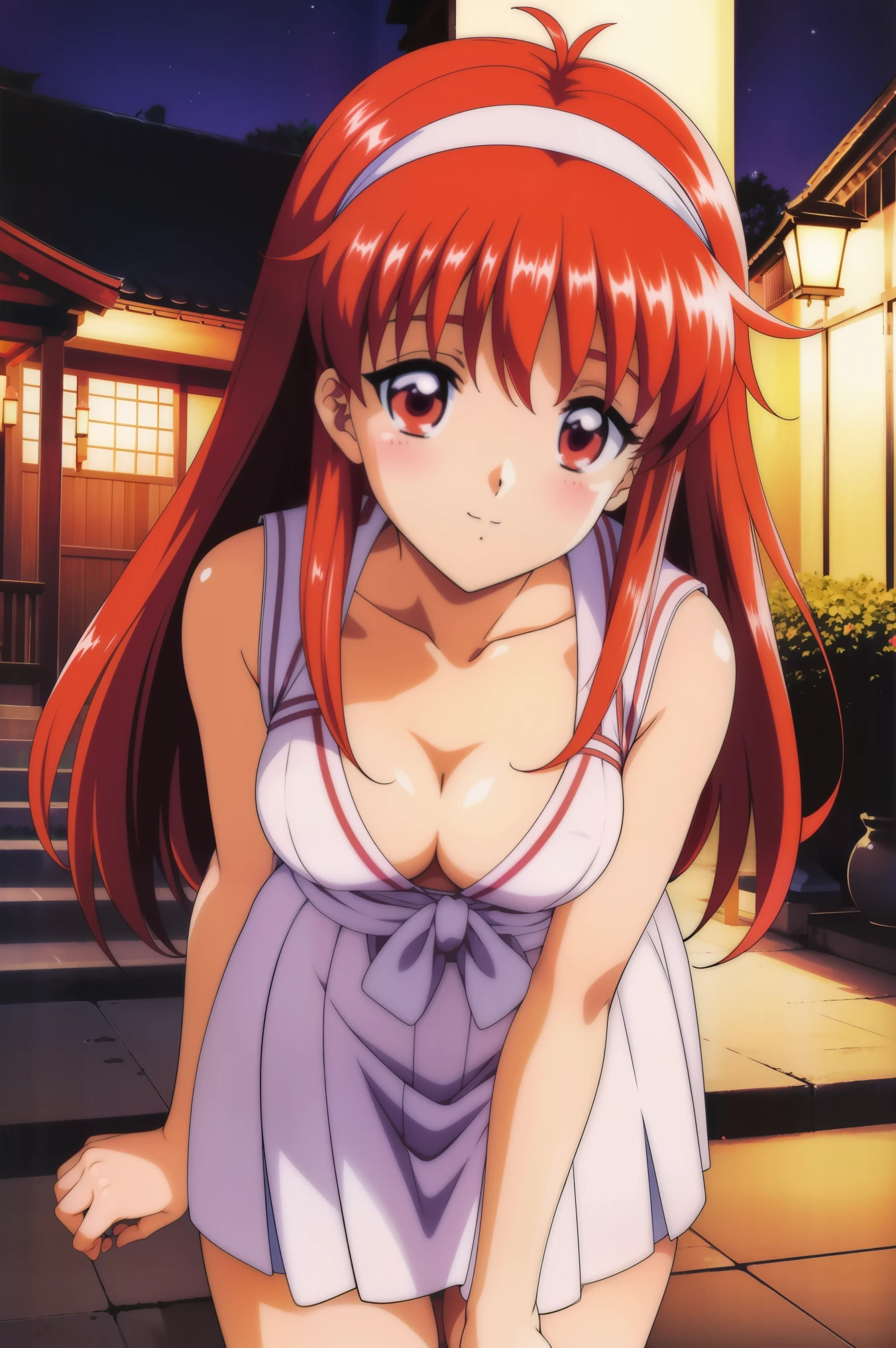 FujisaKishiori , Alone, (cowboy shot), Red Hair,  long hair,  Hair Band ,  red eyes,  small breasts,  cleavage in years, (Cute Japanese clothes), ( cute pose), (Red cheeks:1.2), ( I'm ashamed), (blight smile:1.2), (first visit of the year to a shrine), (shrine), (night),  score_9,  score_8_superior,  score_7_superior,  source_anime, (best quality1.2), 細部までこだわったanime,  high quality , full color, 8k,  high resolution