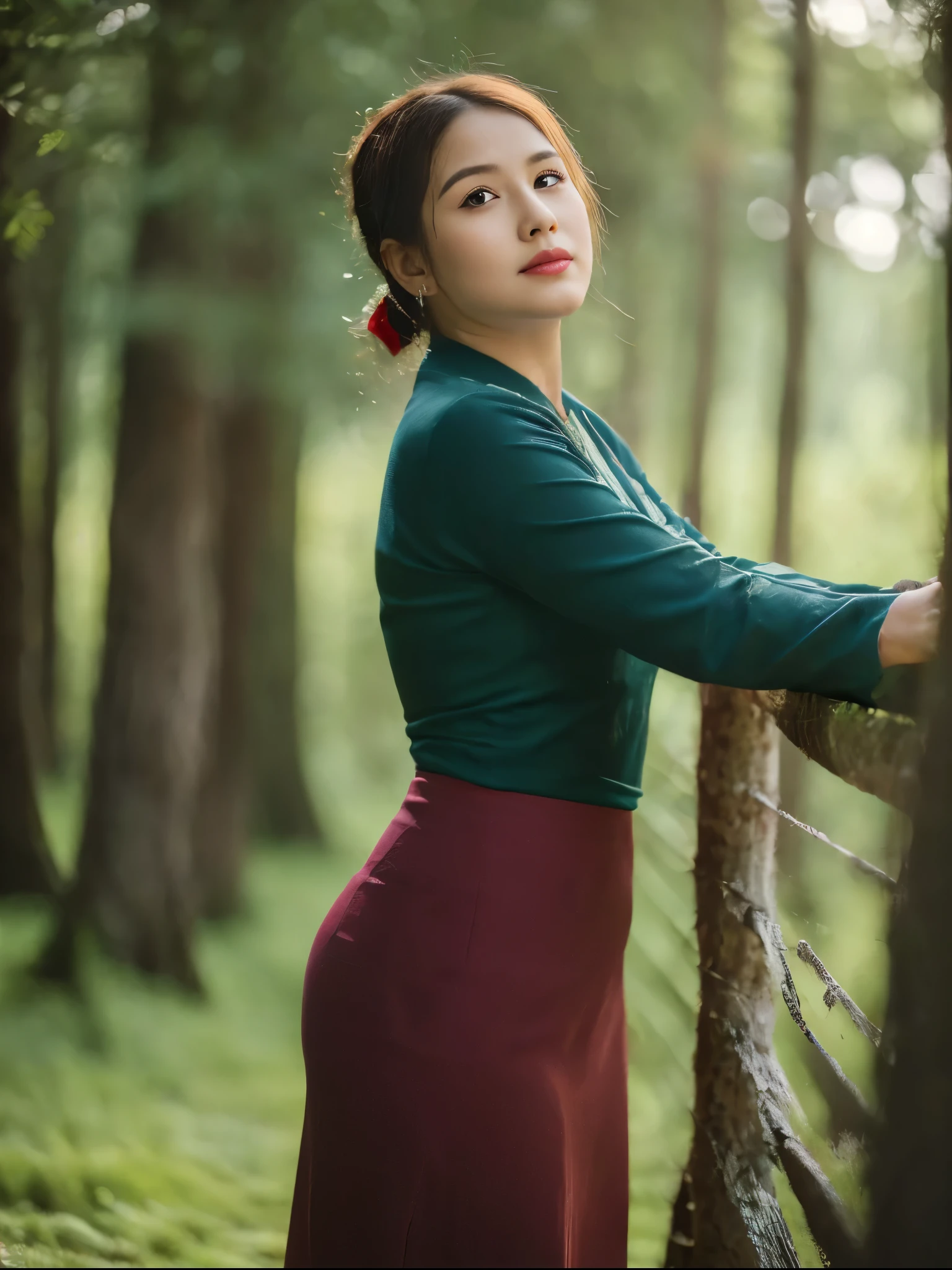 ((Best Quality, 8k, Masterpiece:1.3))), Crisp Focus: 1.2, (Beautiful Woman with Perfect Figure: 1.4) , wearing ninja mask, Burmese girl,all fours down, ,Myanmar Teacher And Student Outfit,wearing acmm dark red colour long skirt, beside view,In the forest background ,film effect 、best position,best composition, perspective view, ultra wide view,(best quality,4K,8K,highres,masterpiece:1.2),ultra-detailed,(realistic,photorealistic,photo-realistic:1.37),HDR,studio lighting,sharp focus,