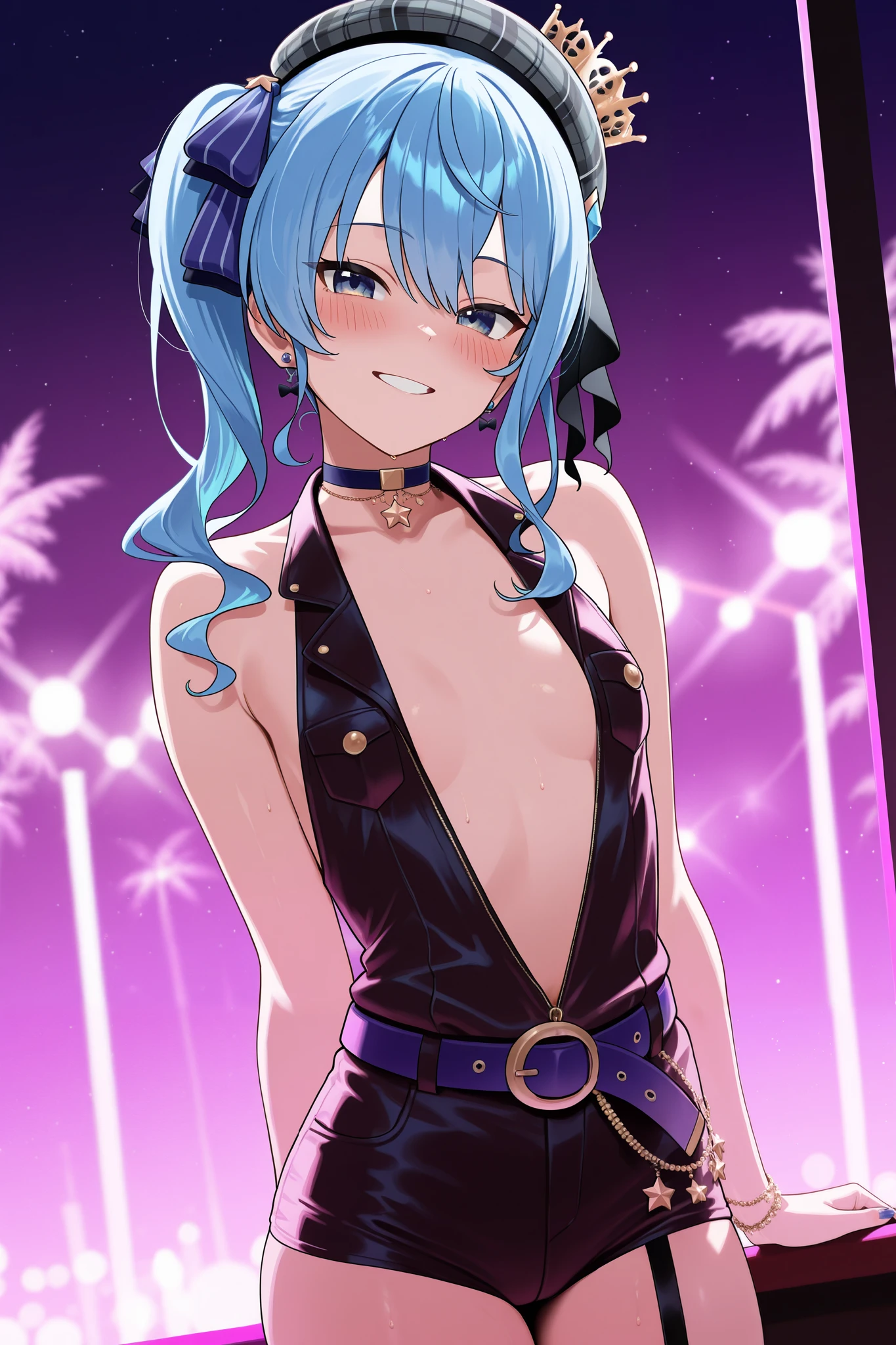 (Top Quality, Masterpiece, 8k:1.2), Ultra Detailed, High Resolution, (Anime:1.3), 1 Girl, Solo, EPsoaSinon, Short Hair, Light Blue Hair, Detailed Jewel Eyes, Hair Between Eyes, (Hair Accessory:1.2), Hair Clip, Side Locks, (sparkly dress, shiny dress, thighs), dynamic Angle, Cowboy Shot,looking at viewer,