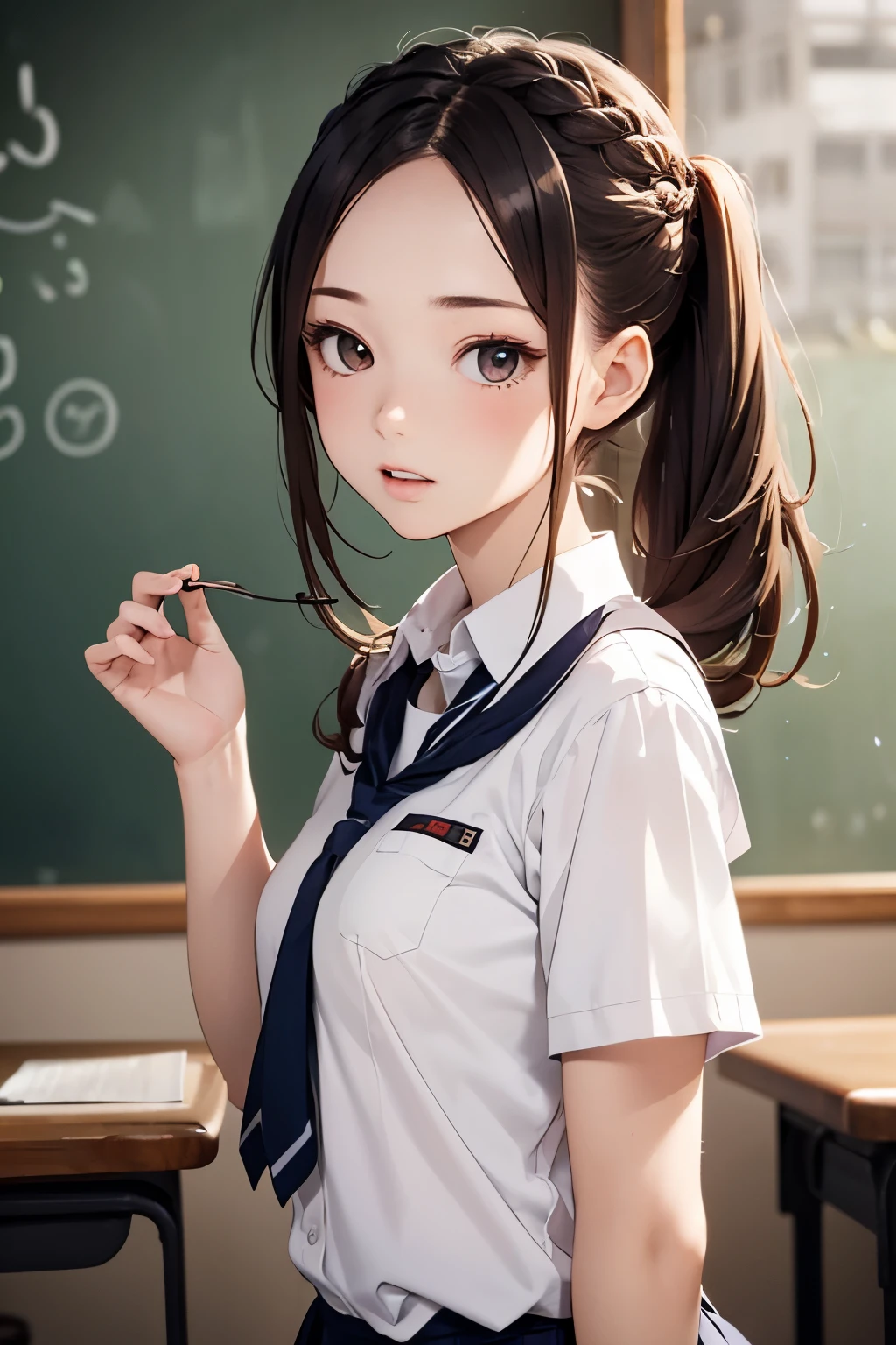 Anime girl in uniform holding a spoon in front of a chalkboard - SeaArt AI