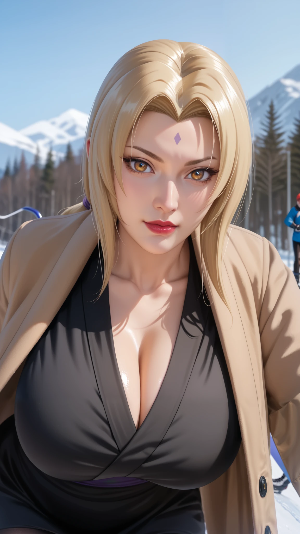 score_9,score_8_up,score_7_up,high res image,masterpiece,best quality,realistic,mature female,(fair_skin:1.1),(shiny_skin:1.2),Tsunade,t5un4d3,Light yellow long hair,blue purple mark on forehead,light yellow thin short eyebrows,bright brown pupils,light red lips,(hanging breasts:1.1),(big breasts:1.2),chopiotsunade,(black dress:1.2),(brown cardigan coat:1.2),(black boots:1.2),(black silk stockings:1.2),(ski resort:1.1),(skiing:1.3),