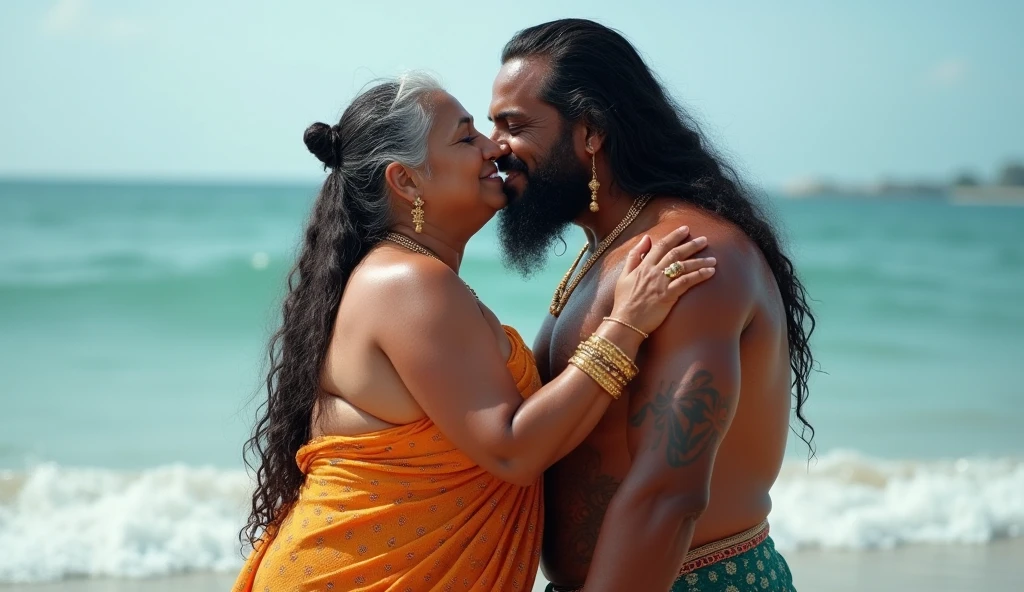Curvy hourglass muslim women wearing saffron saree black hijab, muscular hindu pandit on beach temple, late night doint intimacy