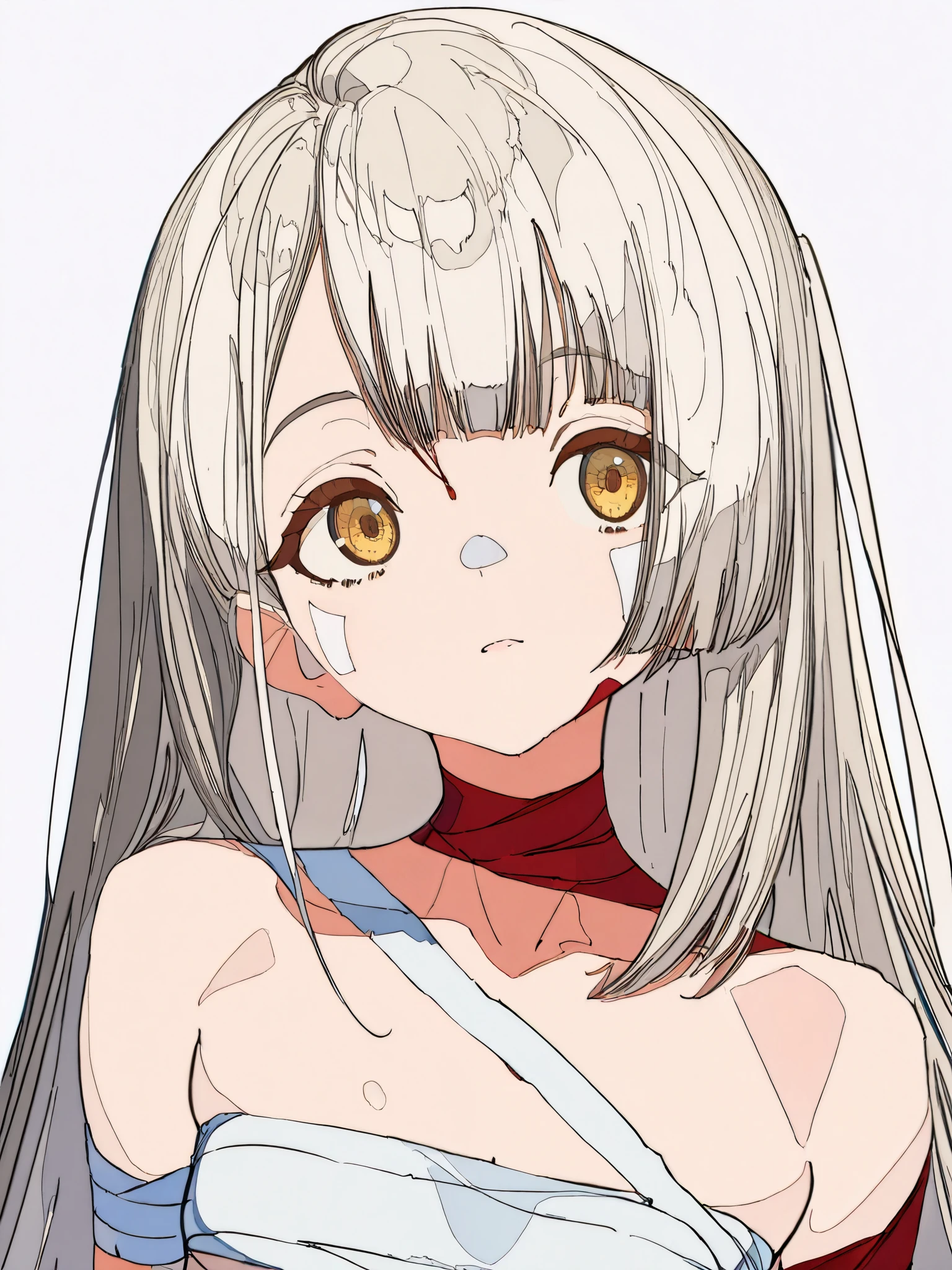 ((artist:Cogecha)),pale white background, Character Portrait,(8k, best quality, masterpiece:1.2),\(Eye details\),\(Facial features details\),(\( Clothes Details Details\)\),(1 Girl:1.3),(shinosawa_Hiro) ,bright yellow eyes, thin girls ,Slimness ,( beautiful girl) ,small breasts,(/as many and many deep red bandage cover the body as a mummy:1.1)/,Chest wrap ,() random blood-colored bandages:1.3), anatomically correct, Very detailed, Simple Background , illustration,