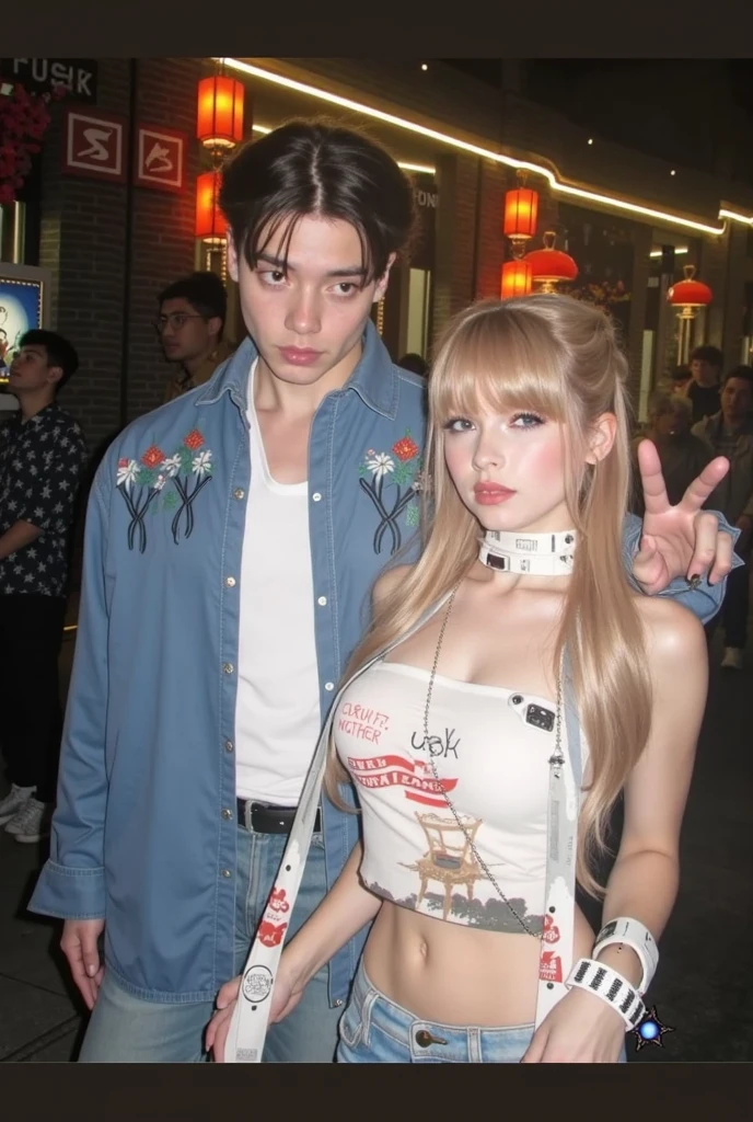 they are two people posing for a picture in a street, nixeu and sakimichan, ruan jia and artgerm, sakimichan and frank franzzeta, cai xukun, lalisa manobal, frank franzzeta and sakimichan, kda and sam yang, masayoshi suto and artgerm, san from ateez, blonde hair, muscular boy