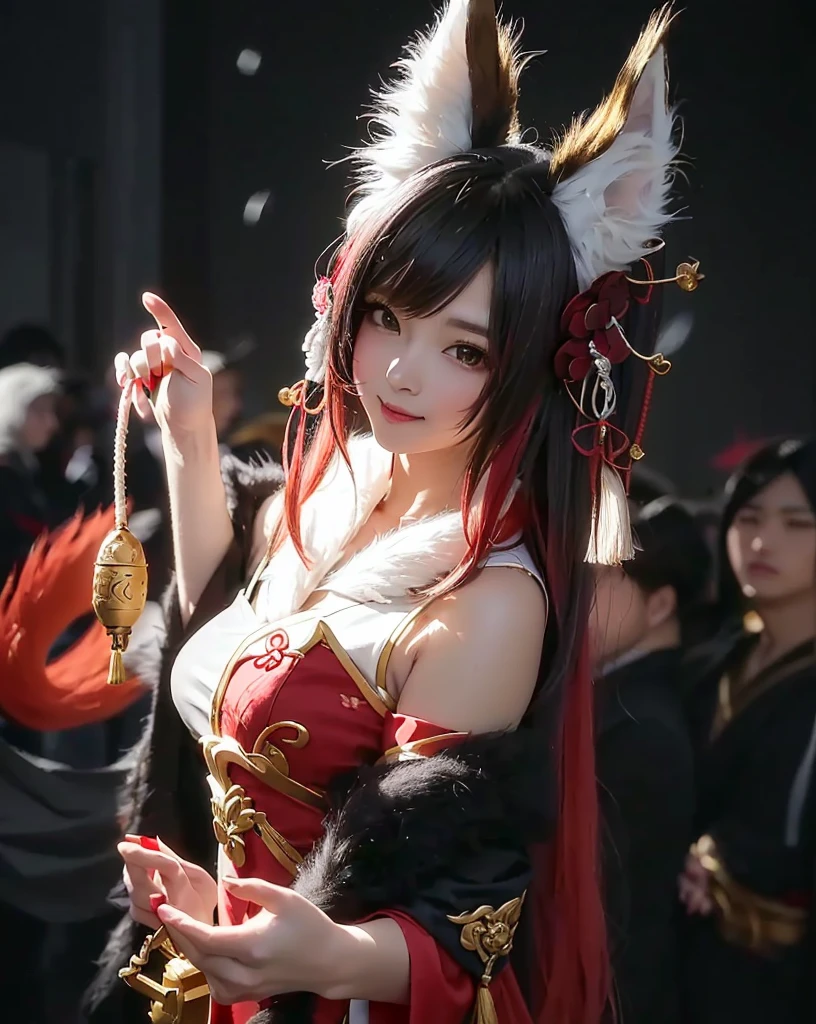 a young woman (larged-size-chest) cosplaying. She has large, fluffy brown and white fox ears, and her hair is short, brown with hints of red, and styled in a slightly messy way that frames her face. Her eyes green color. She wears an intricate costume featuring a mix of red, white, and brown, with golden accents and ornate patterns. The top part of her outfit exposes her shoulders, and a red ribbon ties around her neck. She holds a fan or similar object in her hand, which is partially obscured by her costume. The background consists of a traditional wooden room with large windows, soft lighting, and some decorative elements like wooden furniture and plants. The overall atmosphere is warm