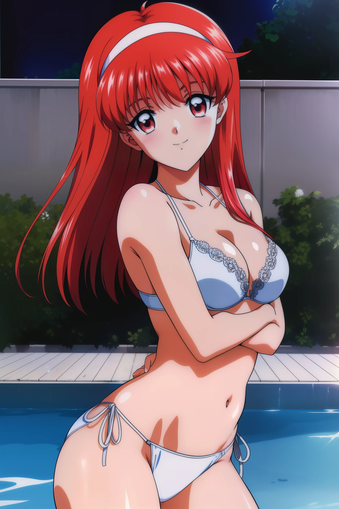 FujisaKishiori , Alone, (cowboy shot), Red Hair, long hair, Hair Band , red eyes, small breasts, ( sexy white bikini), (side tie thong bikini :1.2),( sexy pose), (Red cheeks:1.2), cleavage, (bright smile:1.1), ( night pool), (night), score_9, score_8_superior, score_7_superior, source_anime, (best quality:1.2), 細部までこだわったanime, high quality , full color, 8k, high resolution