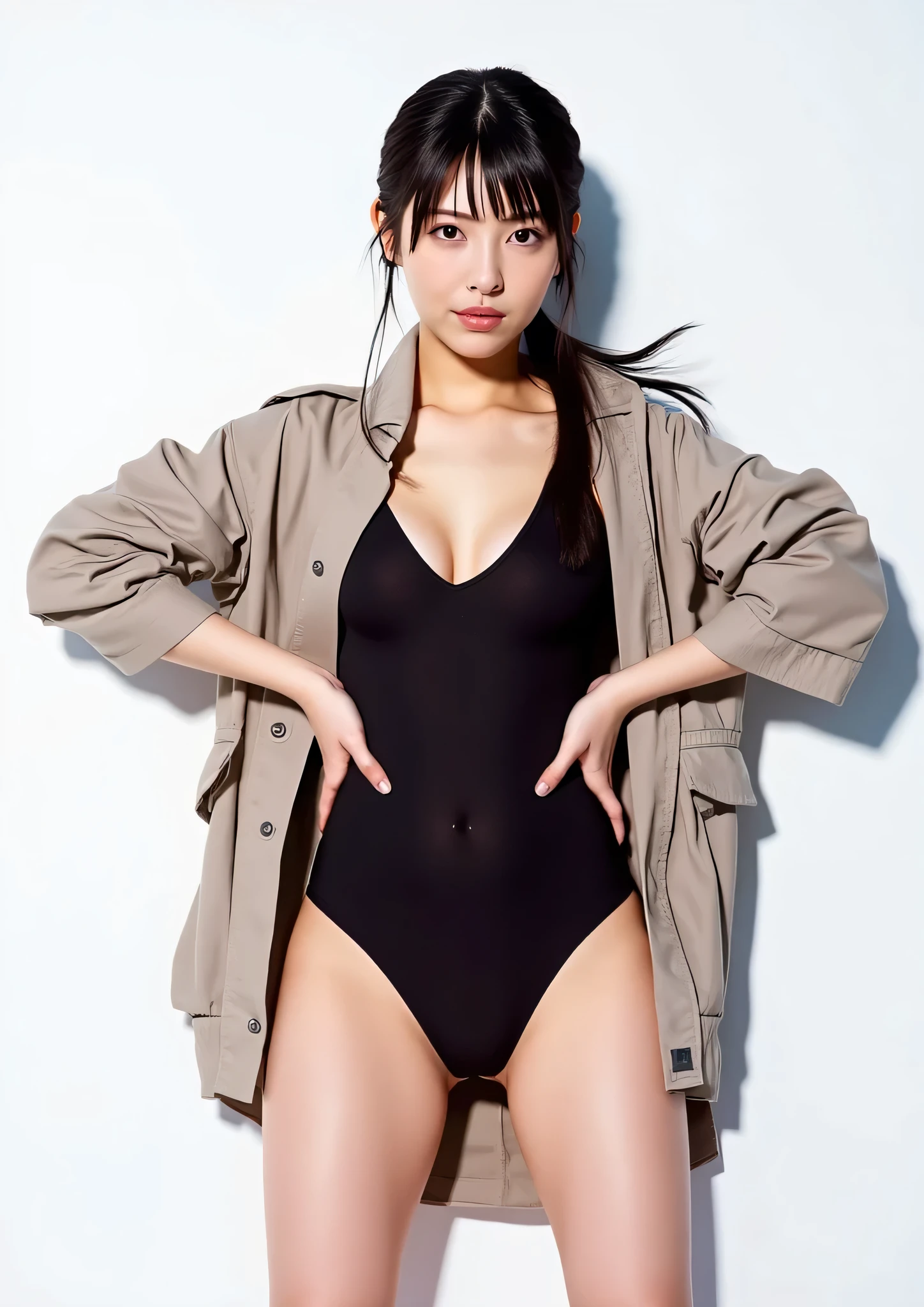 (((Hold a cyberpunk-style Japanese sword:2.0))), ,((whole body:2.0)), one woman,( cute face),(Beautiful well-balanced face ),( natural big breasted :1.5),( black hair:1.5),( beautiful eyes:1.3),Glamorous shot of a 20 year old Japanese woman , Slender Beautiful Body ,( model body type:1.3),(Slim body:1.3), perfect body line, Ideal Proportions ,( big breasts:1.5),Bare thighs,Voluptuous thighs, delicate body,( Shrimp),A harmonious posture,(Realistic breast depiction ),(Realistic depiction of areolas), carefully depicting limbs based on perfect anatomy ,((Wear a samurai kimono-style military coat with an open front over a black super high-leg leotard :1.5)),((Ultra high-leg leotard made of form-fitting camy-like latex:1.5)),(( Samurai Kimono Style Military Coat with Open Front Over Leotard:1.5)),(ear monitor:1.5),((Tactical Holster:1.5)),( gloves:1.3), concept art,((( HR Gigger-style cyberpunk atmosphere :2.0))),( best quality :1.5),(masterpiece:1.5),(Super high resolution),resolution,UHD,( Delicate Depiction), carefully drawn with butterfly wings ,32K,(( Realistic Skin Texture :1.5)),((( Ultra Realistic:1.5))),Draw eyelashes carefully, very detailed face,Highly detailed female hand,Sexy appearance,Very sensual,(((The dark interior of the Nostromo ship :2.0))),(Blurry Dim Backgrounds :1.5), chicken,( movie lights:2.0),((Blade Runner Style Light :2.0))