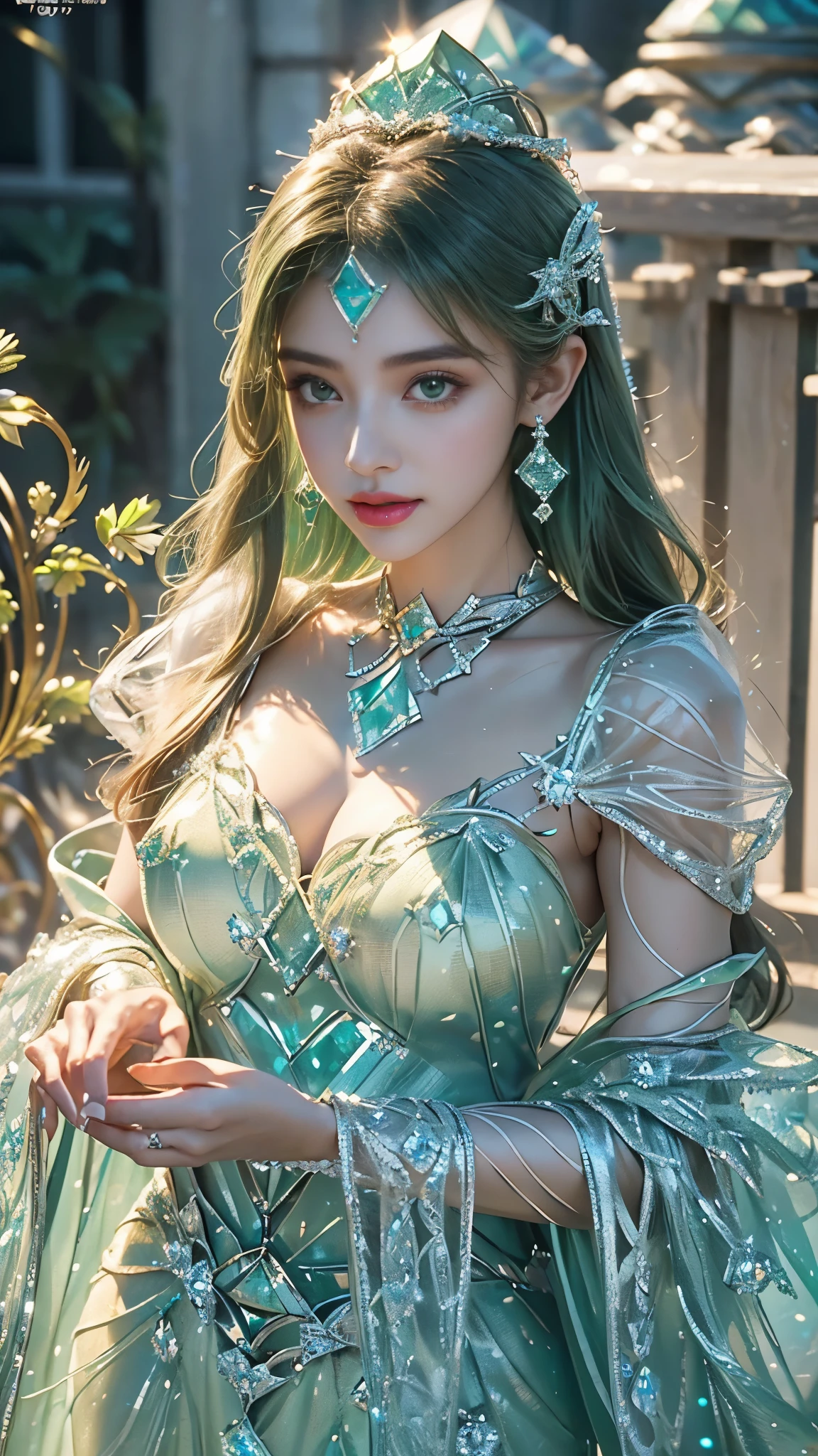 a beautiful ice goddess, good face, very long hair, realistic eyes, small breasts, ice magician, ice elemental, intricate design and details, chilling mist, cold, blizzard storm, conjuring ice spell, casting ice spell, detailed dress, (green dress:1.5), bare waist, realistic ice effect, snow particles, dark fantasy art style, ruined city, dramatic lighting, cinematic,