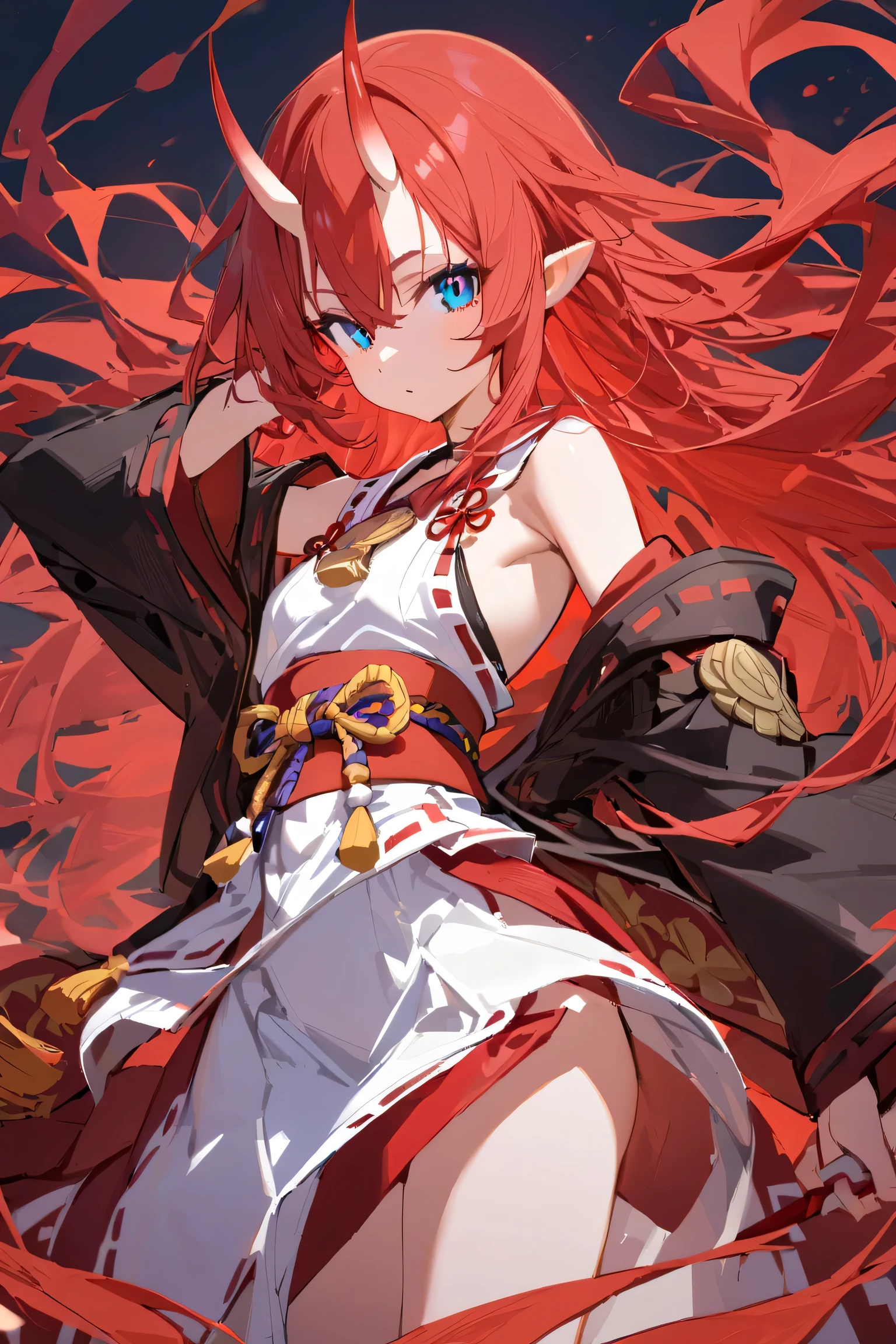 1girl, female, looking at viewer, pointy ears, blue eyes, red long flowing hair, Oni horns, ((small chest)), black jacket, intricate miko dress, looking at the camera